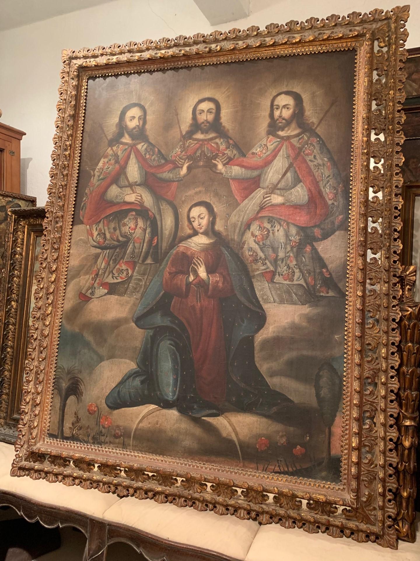 Siglo XVIII Óleo colonial español sobre lienzo MARÍA REINA DEL CIELO en venta 2
