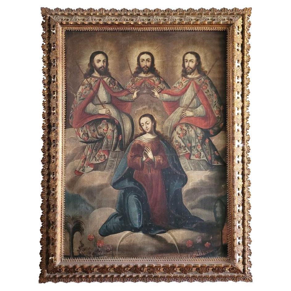 Huile sur toile coloniale espagnole du 18e siècle MARY QUEEN OF HEAVEN en vente