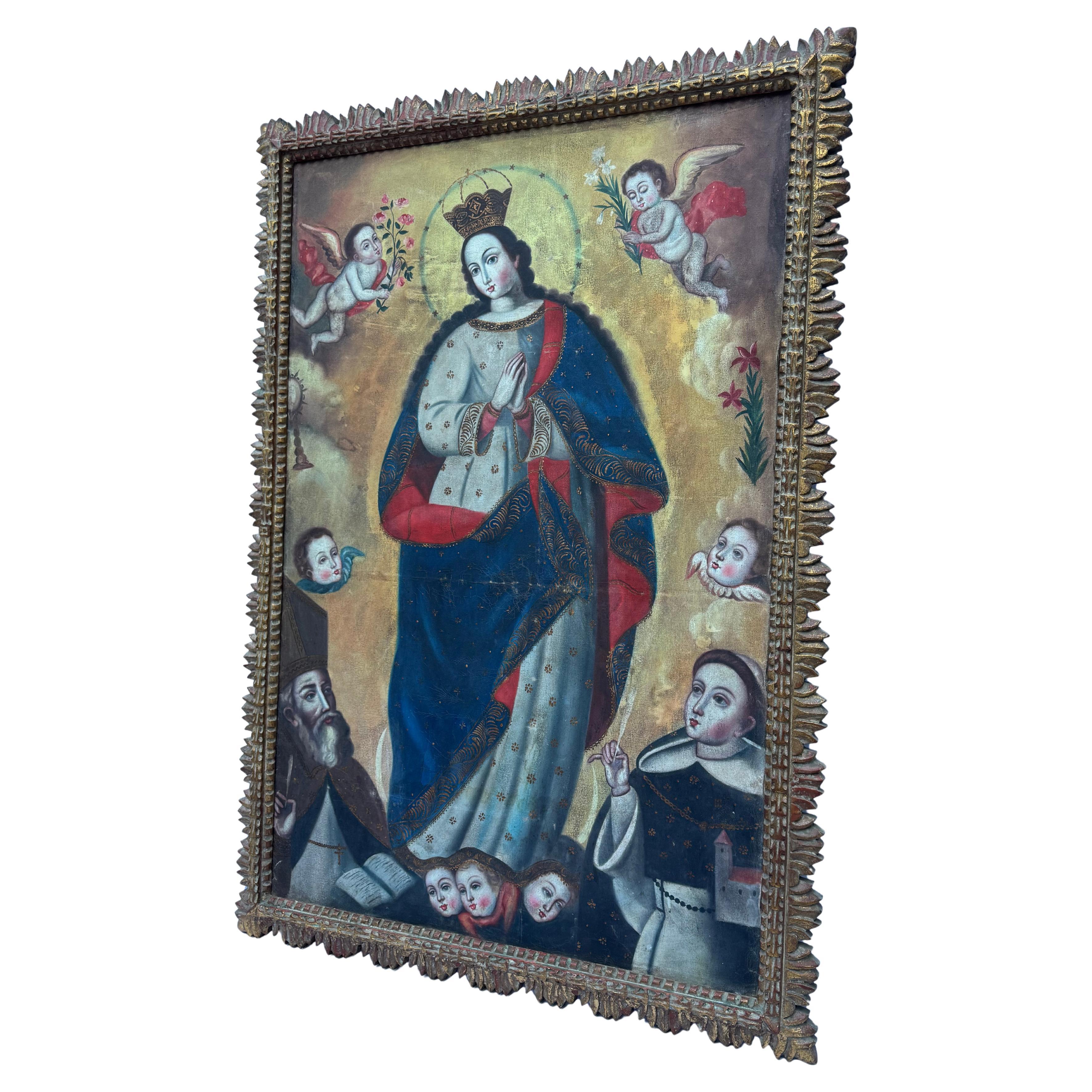 18th Century Spanish Colonial Oil on Canvas of the Immaculate Conception
A magnificent Spanish Colonial school oil on canvas, 18th century, depicting the Immaculate Conception surrounded by angels and saints, within its original carved and giltwood