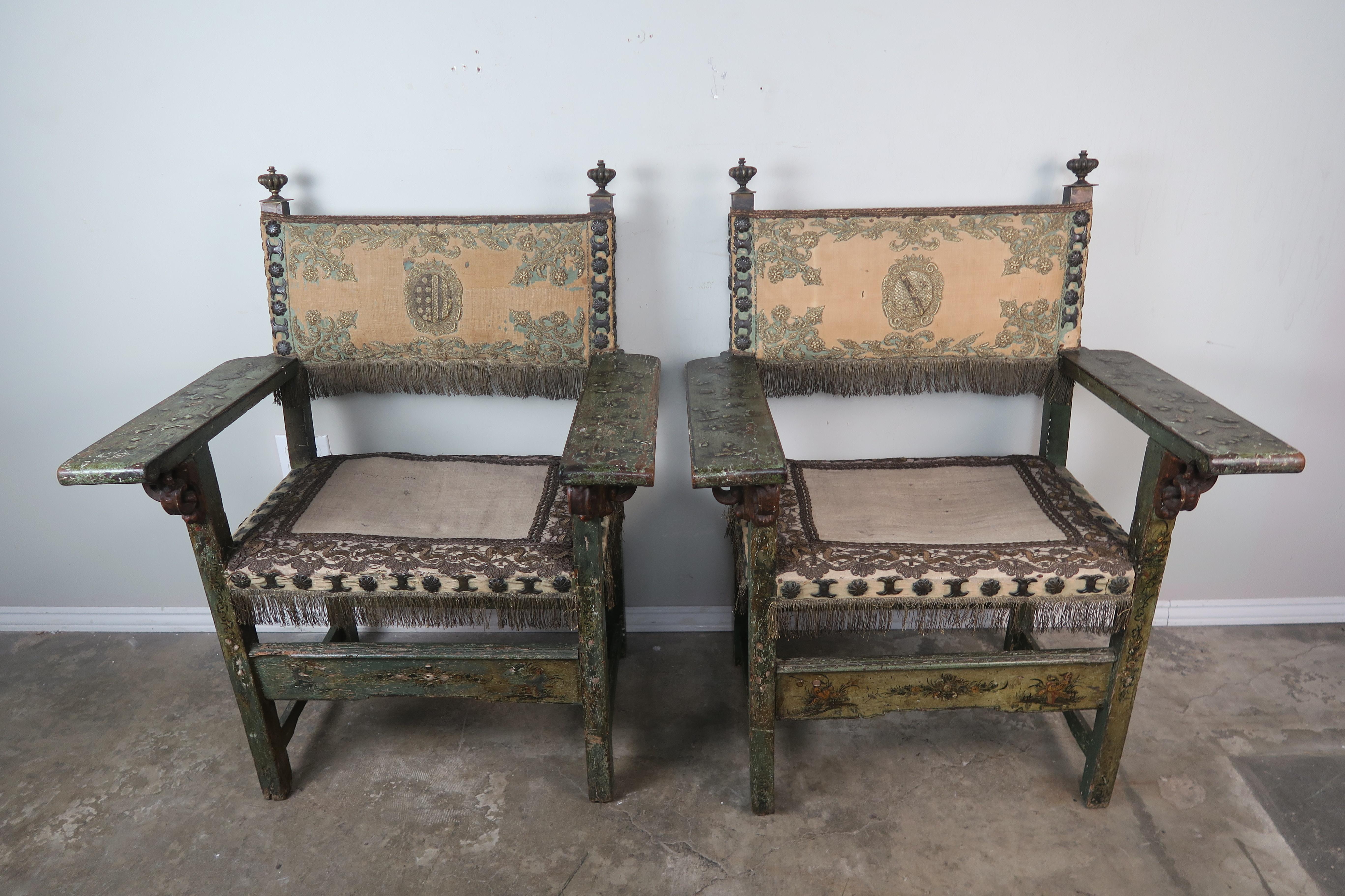 18th Century Spanish Colonial Painted Armchairs with Metallic Embroidery 6