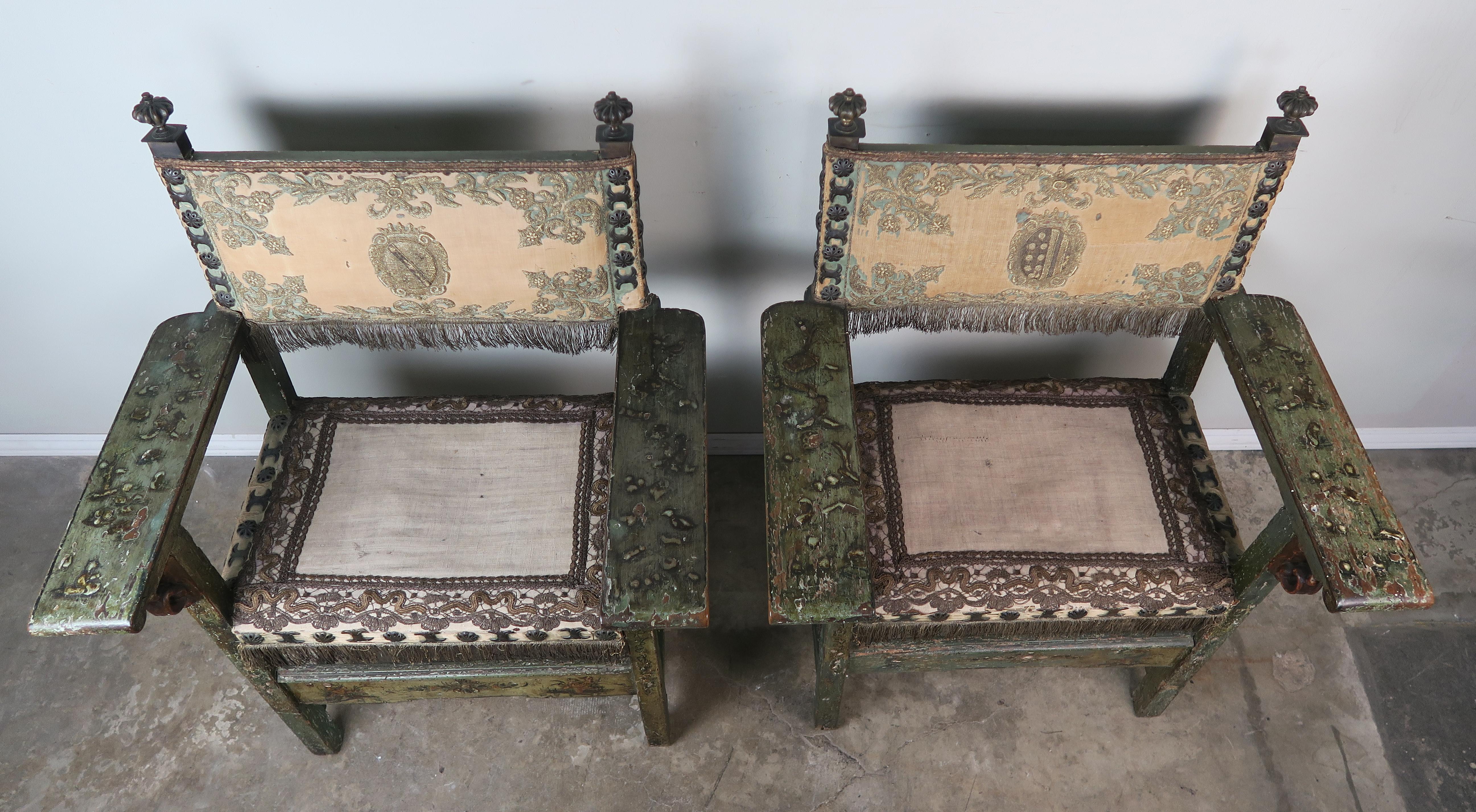 Hand-Painted 18th Century Spanish Colonial Painted Armchairs with Metallic Embroidery