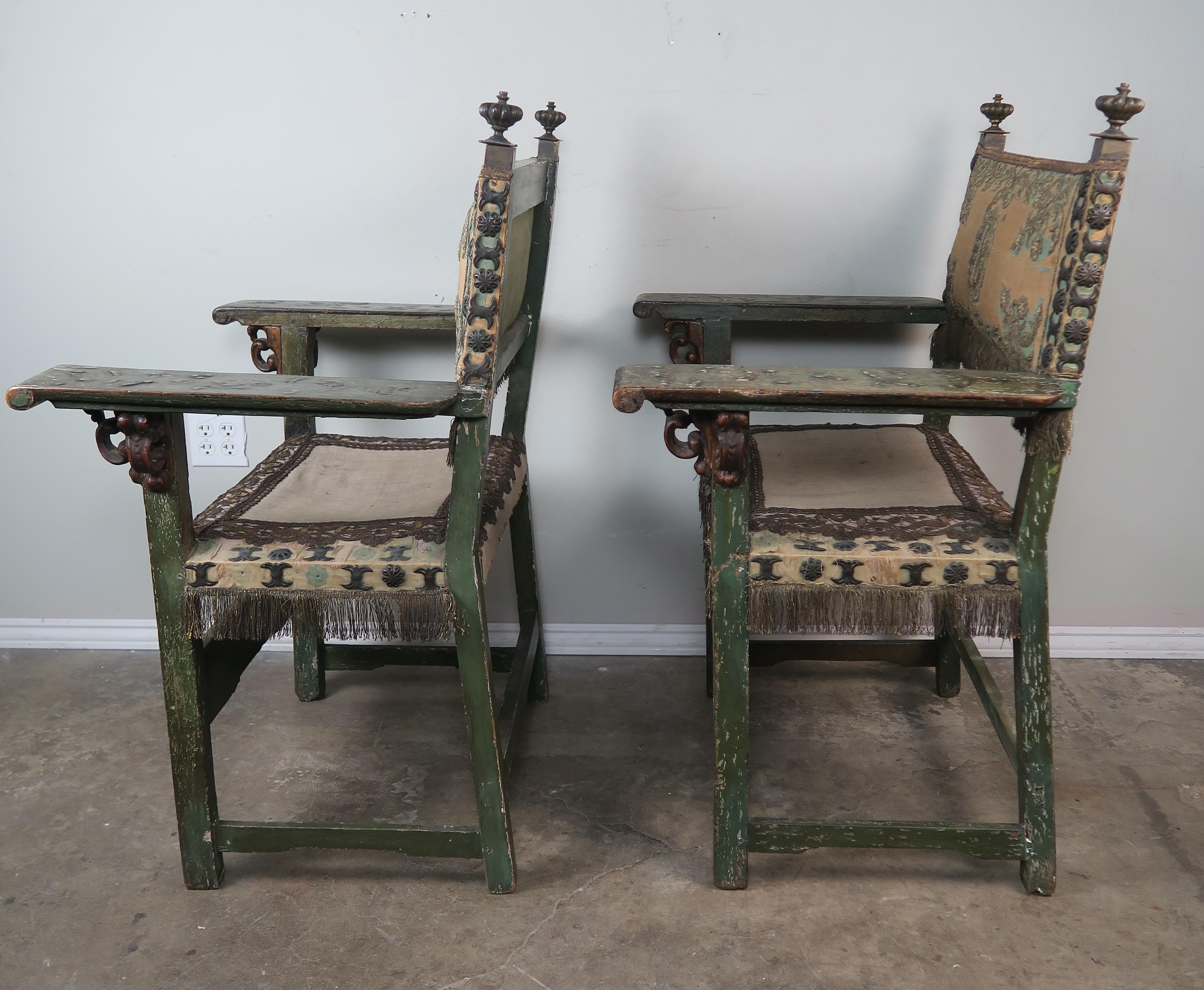 18th Century Spanish Colonial Painted Armchairs with Metallic Embroidery In Distressed Condition In Los Angeles, CA