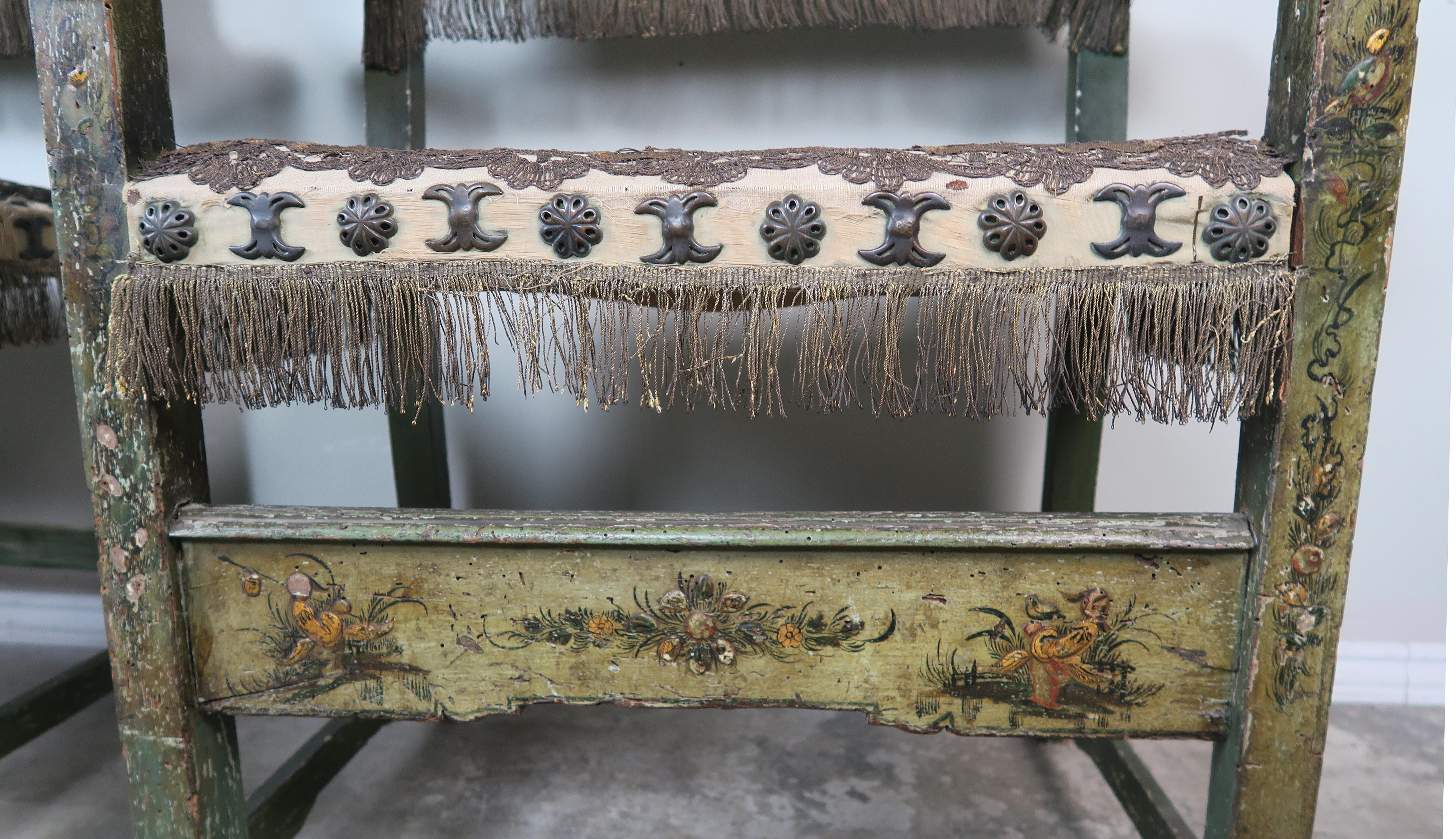 18th Century Spanish Colonial Painted Armchairs with Metallic Embroidery 2