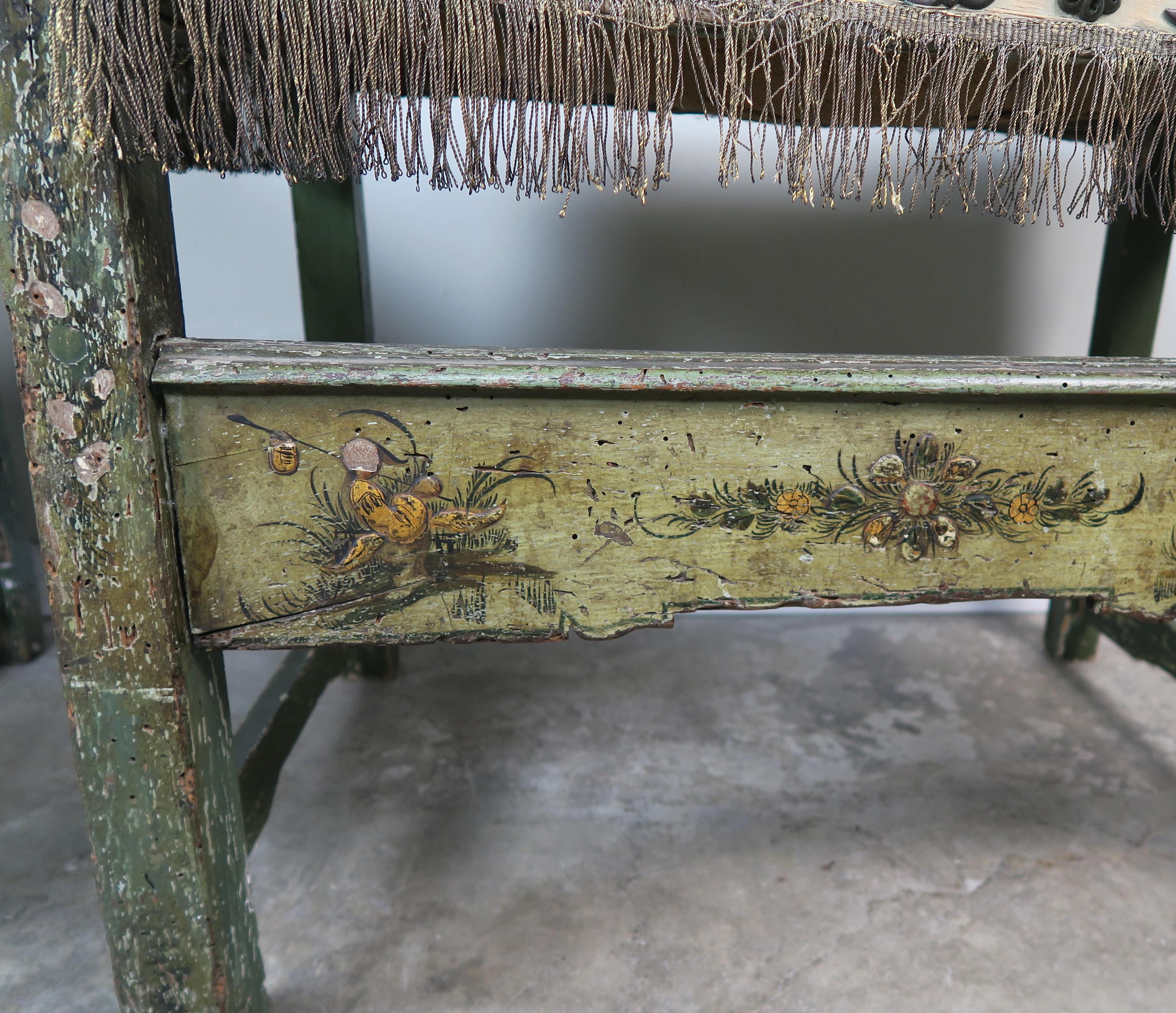 18th Century Spanish Colonial Painted Armchairs with Metallic Embroidery 3