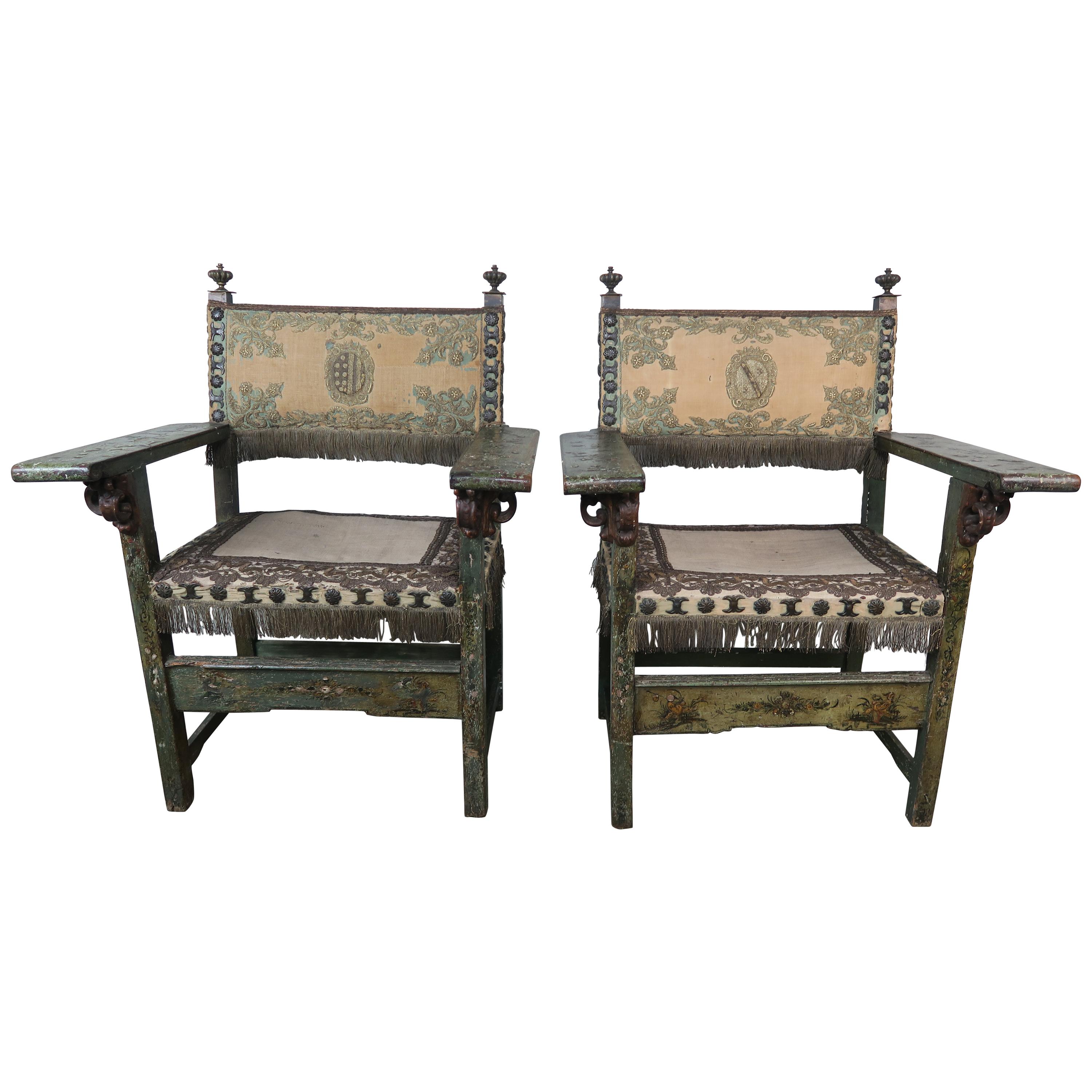 18th Century Spanish Colonial Painted Armchairs with Metallic Embroidery