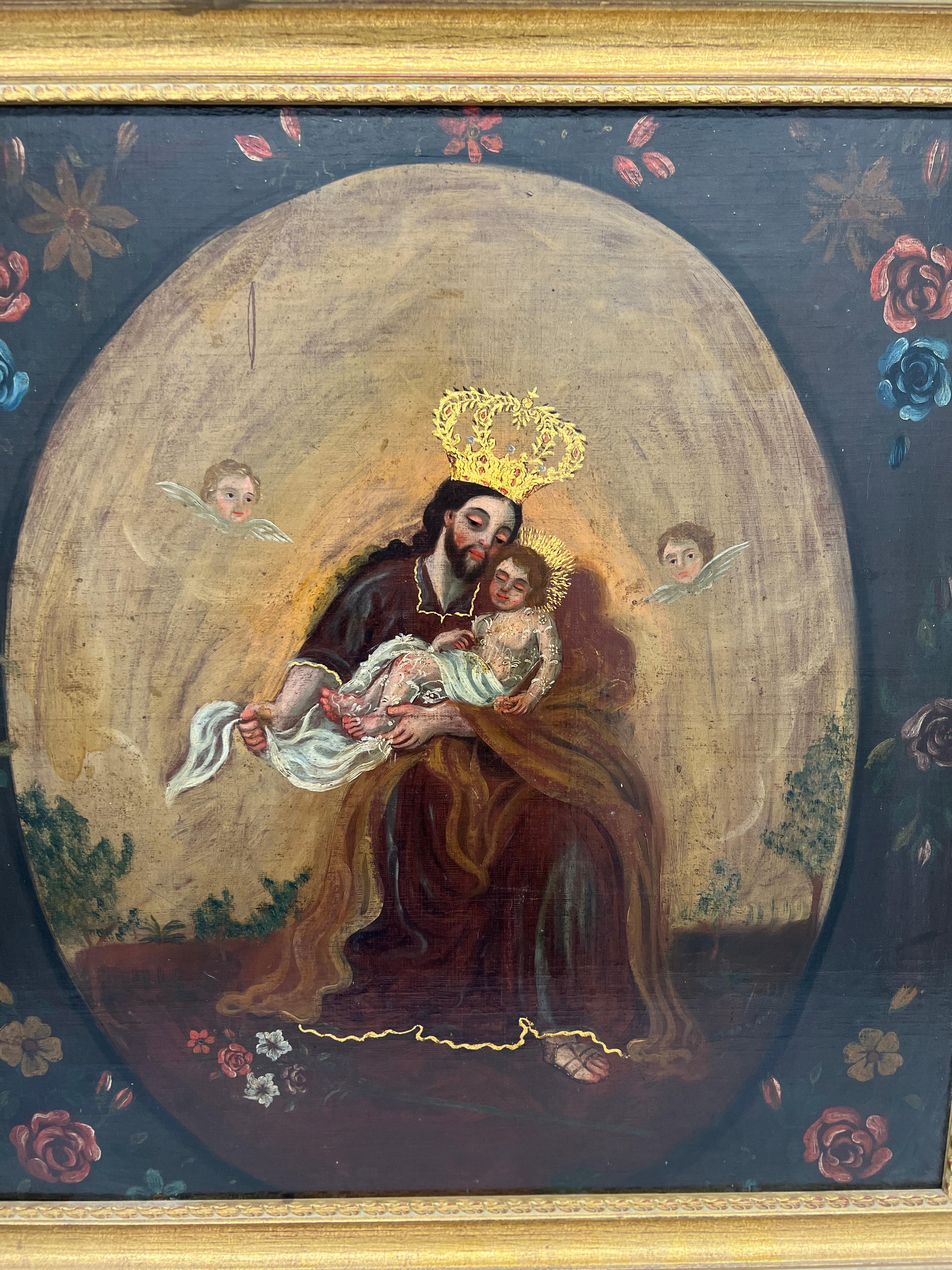 18th Century Oil on what appears to be canvas laid to board during a Professional Conservation, Spanish Colonial.

This exceptional 18th-century Spanish Colonial painting depicts Saint Anthony holding the Infant Jesus, a beloved and iconic
