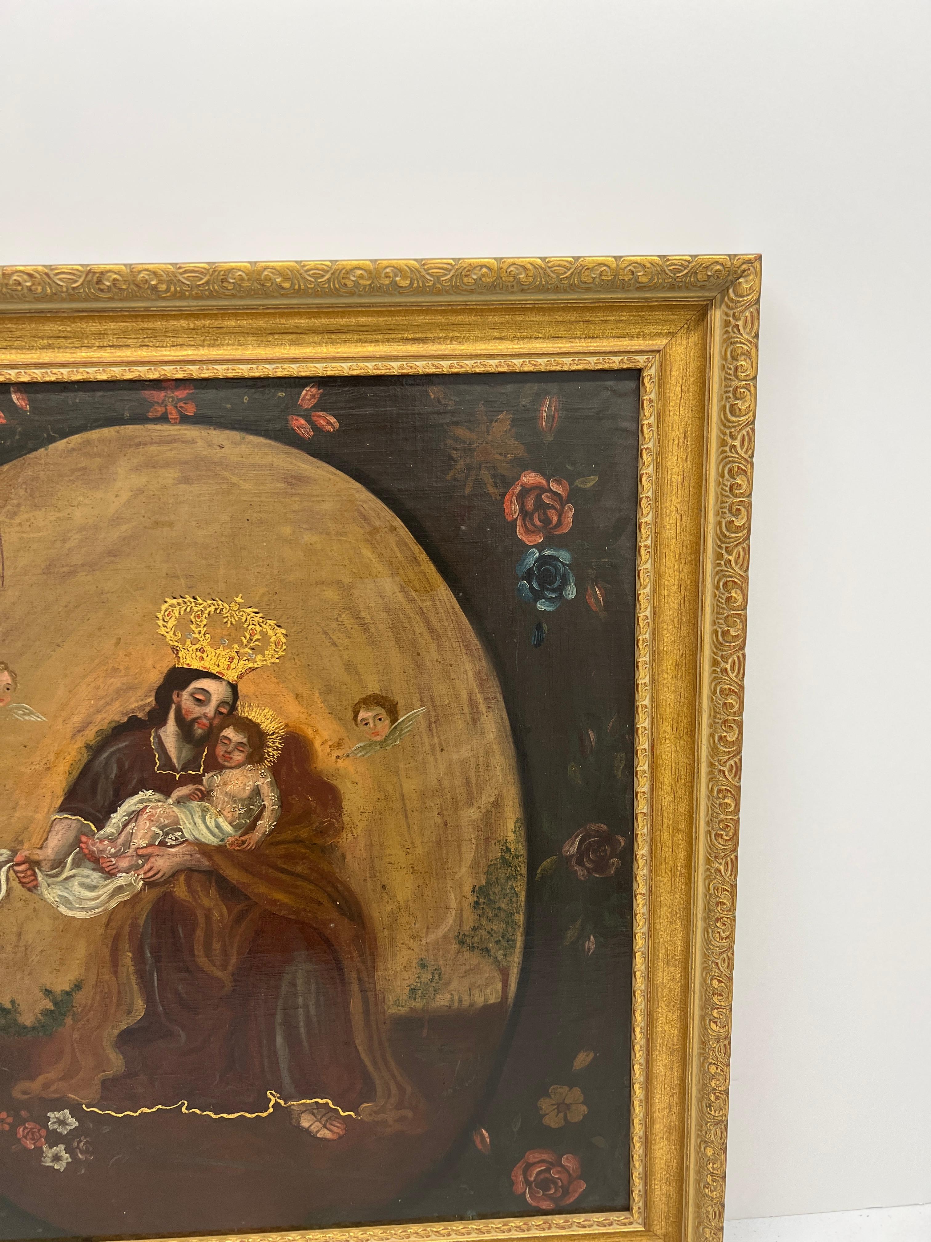 18th Century, Spanish Colonial Painting Depicting Saint Anthony W/ Infant Jesus In Good Condition In Atlanta, GA