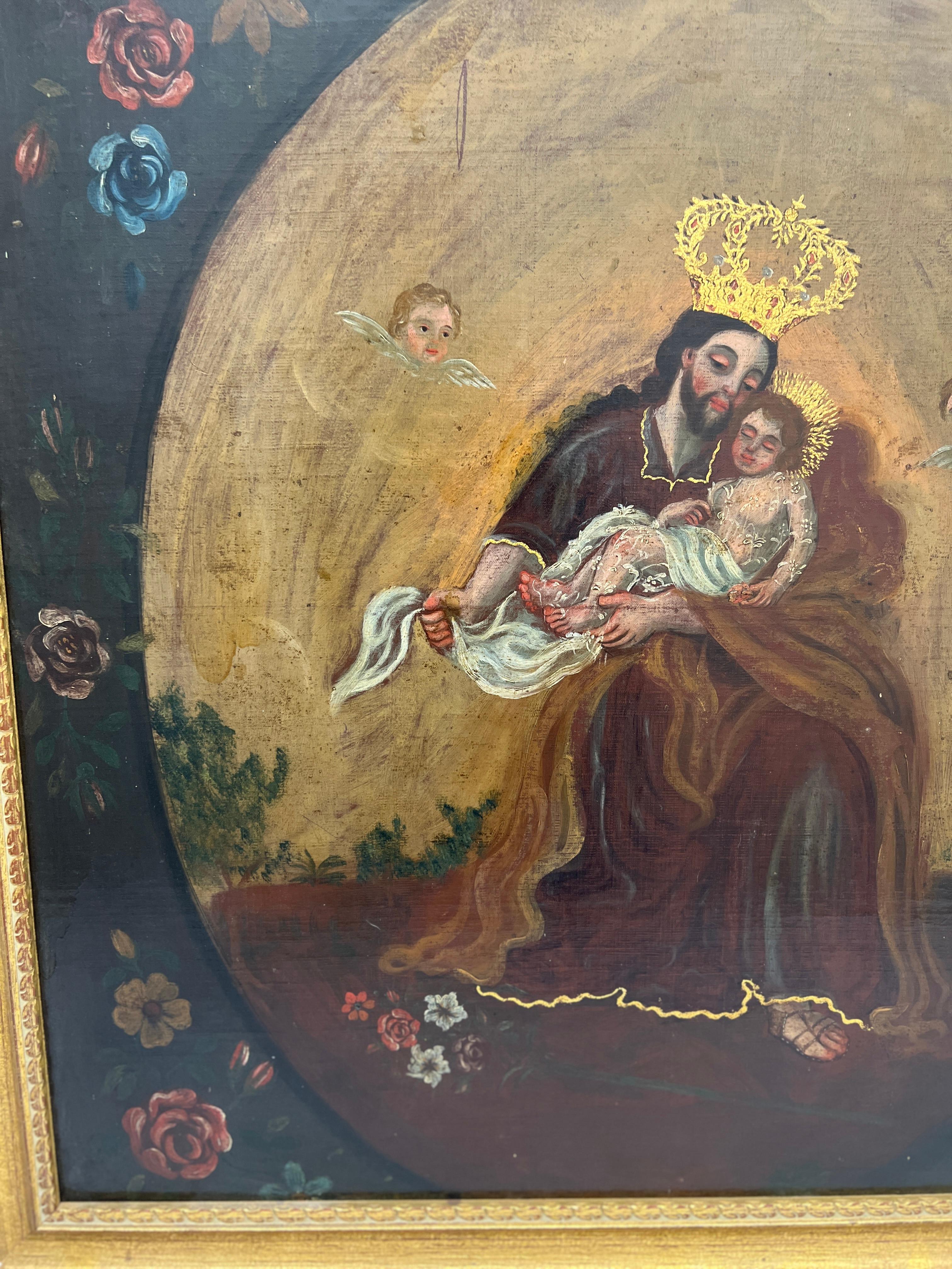 Canvas 18th Century, Spanish Colonial Painting Depicting Saint Anthony W/ Infant Jesus