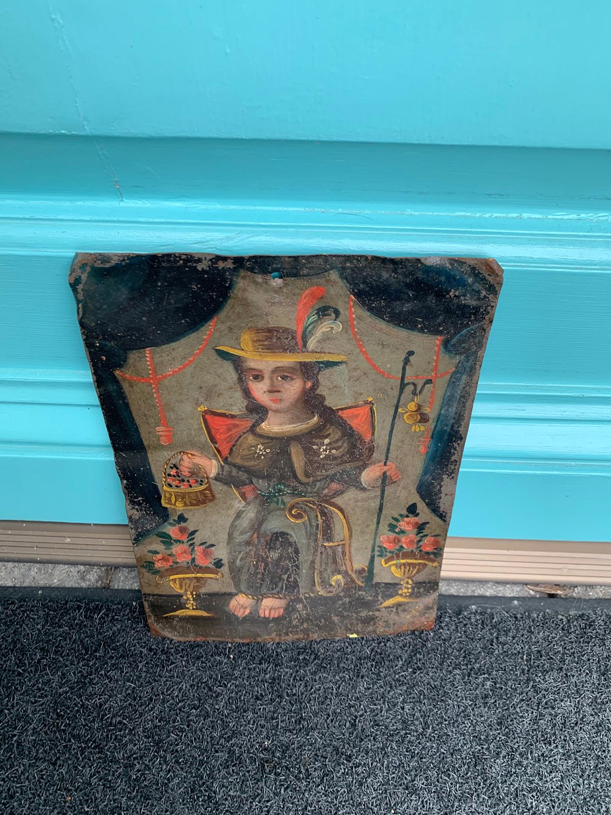 18th century Spanish Colonial retablo oil painting on tin.