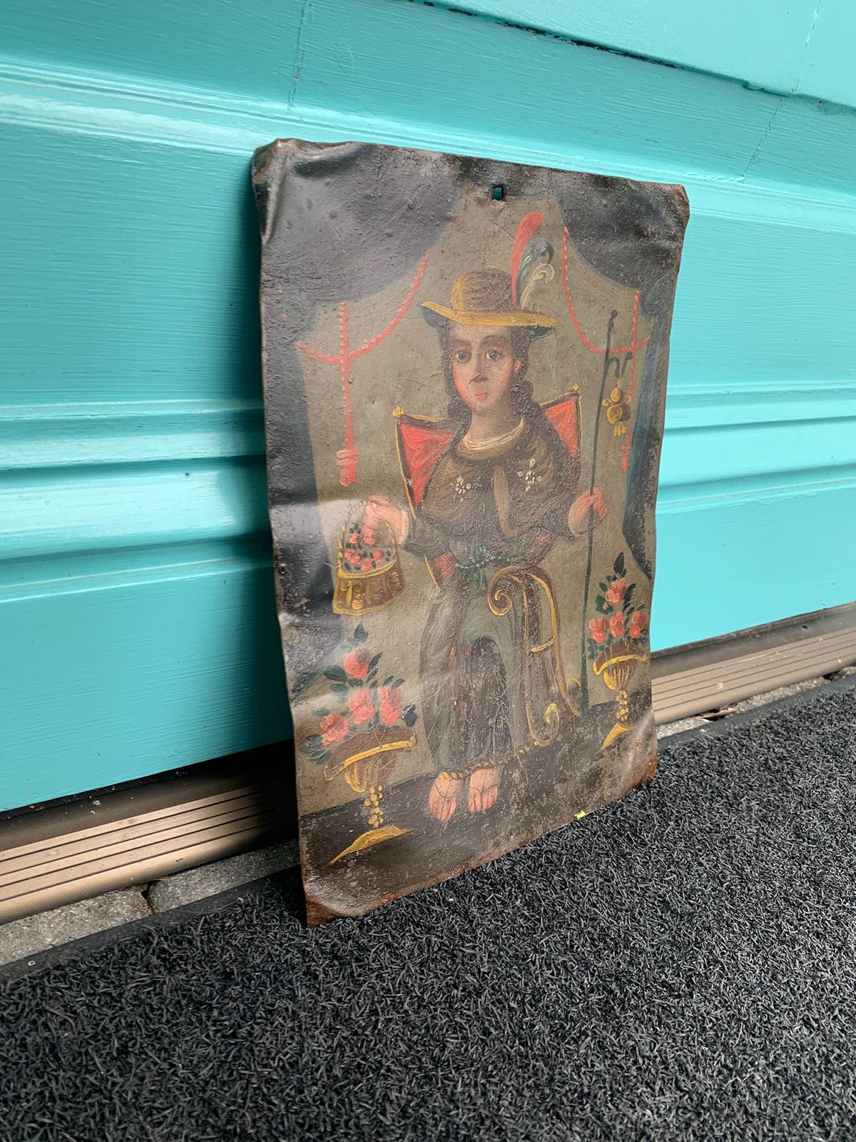 18th Century Spanish Colonial Retablo Oil Painting on Tin In Good Condition In Atlanta, GA