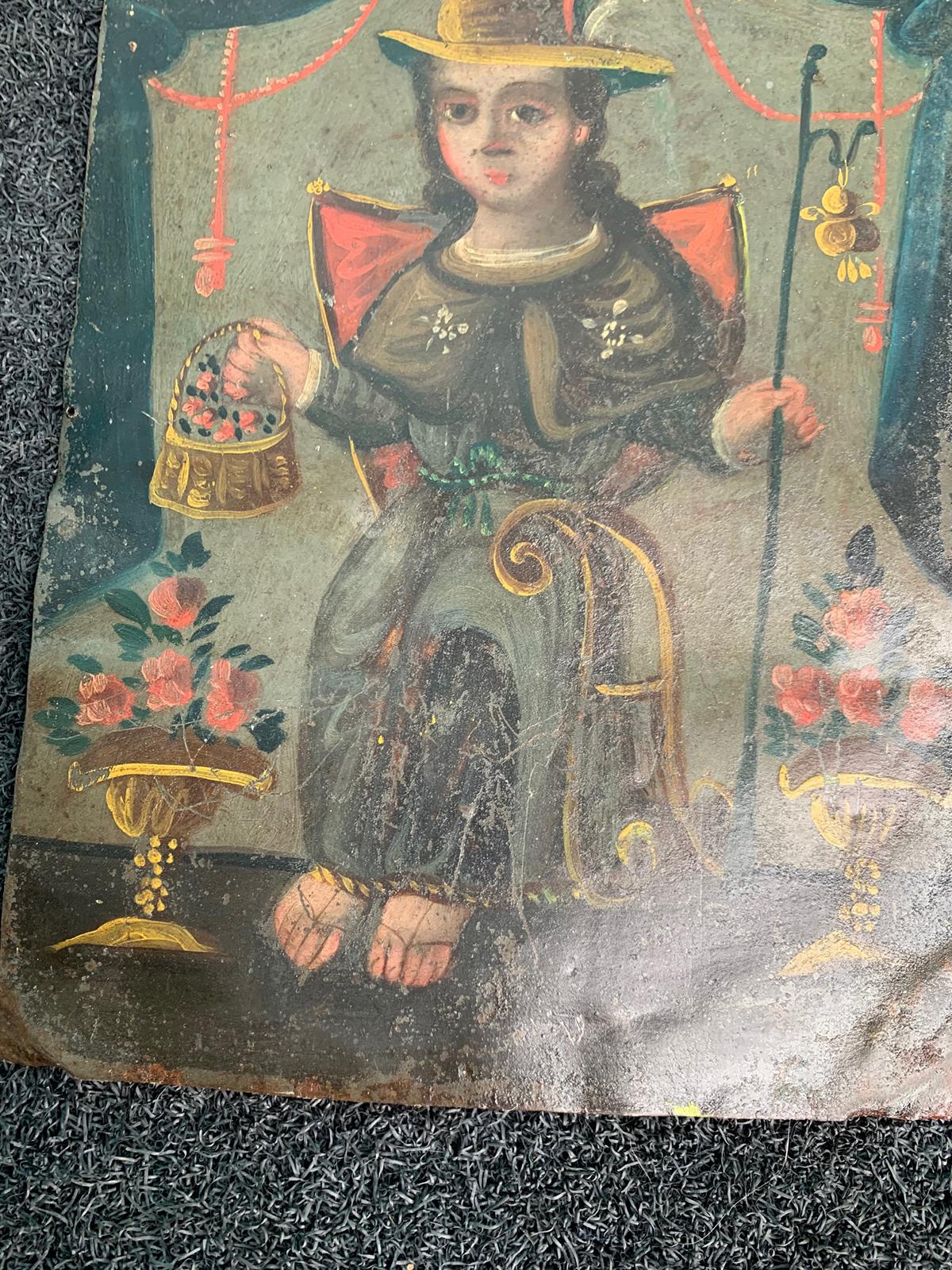 18th Century Spanish Colonial Retablo Oil Painting on Tin 2