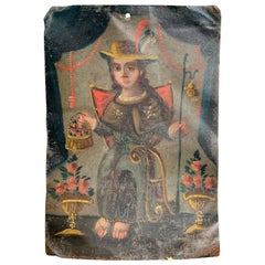 18th Century Spanish Colonial Retablo Oil Painting on Tin