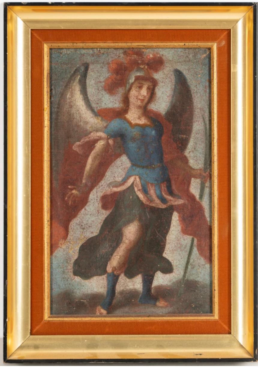 18th century Spanish Colonial School, Cuzco: Angel, oil on tin. Framed, in good condition. Rich colors of red, blue and white. Inscribed in upper left corner, 