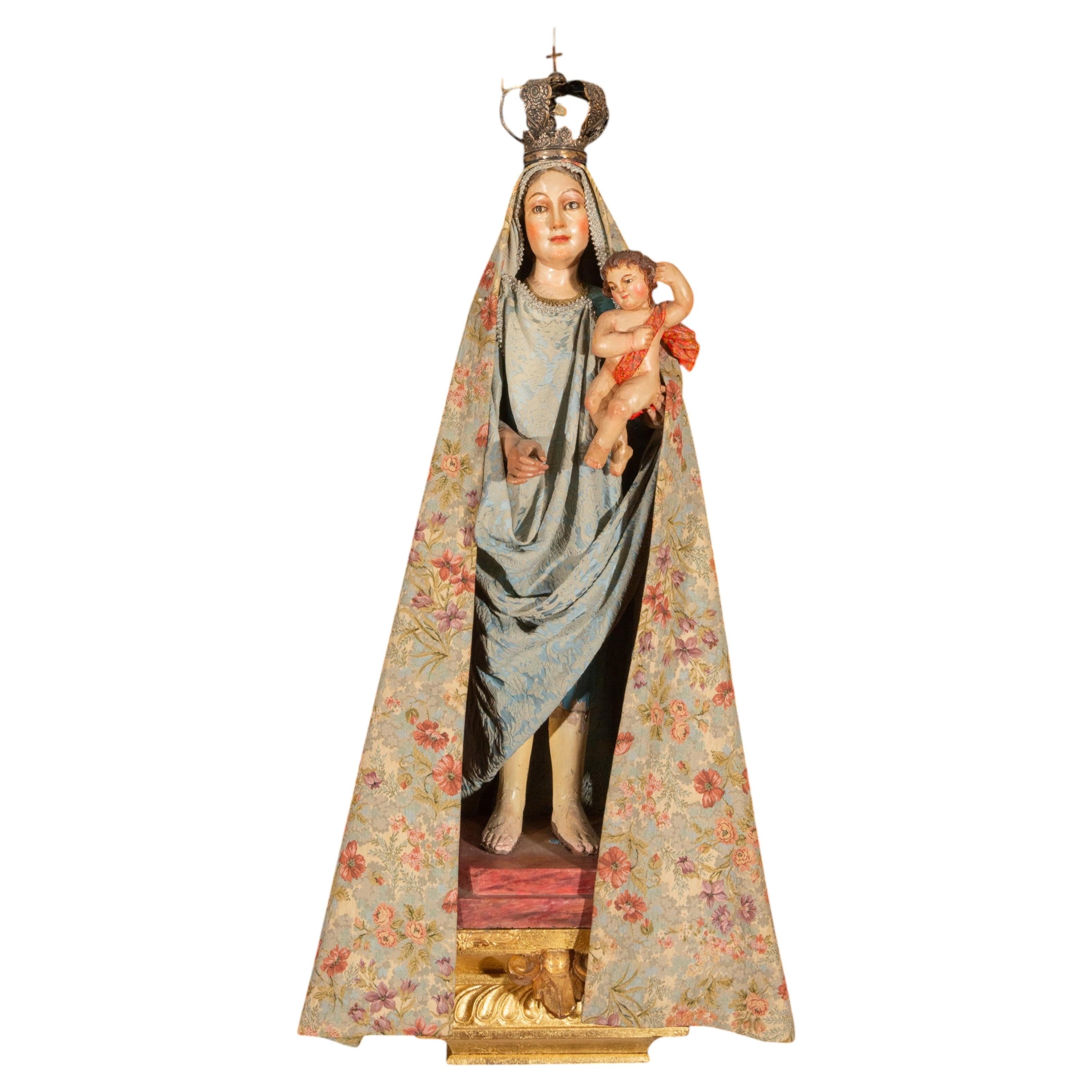 18th Century Spanish Colonial Virgin and Child, Peru, Polychrome Wood