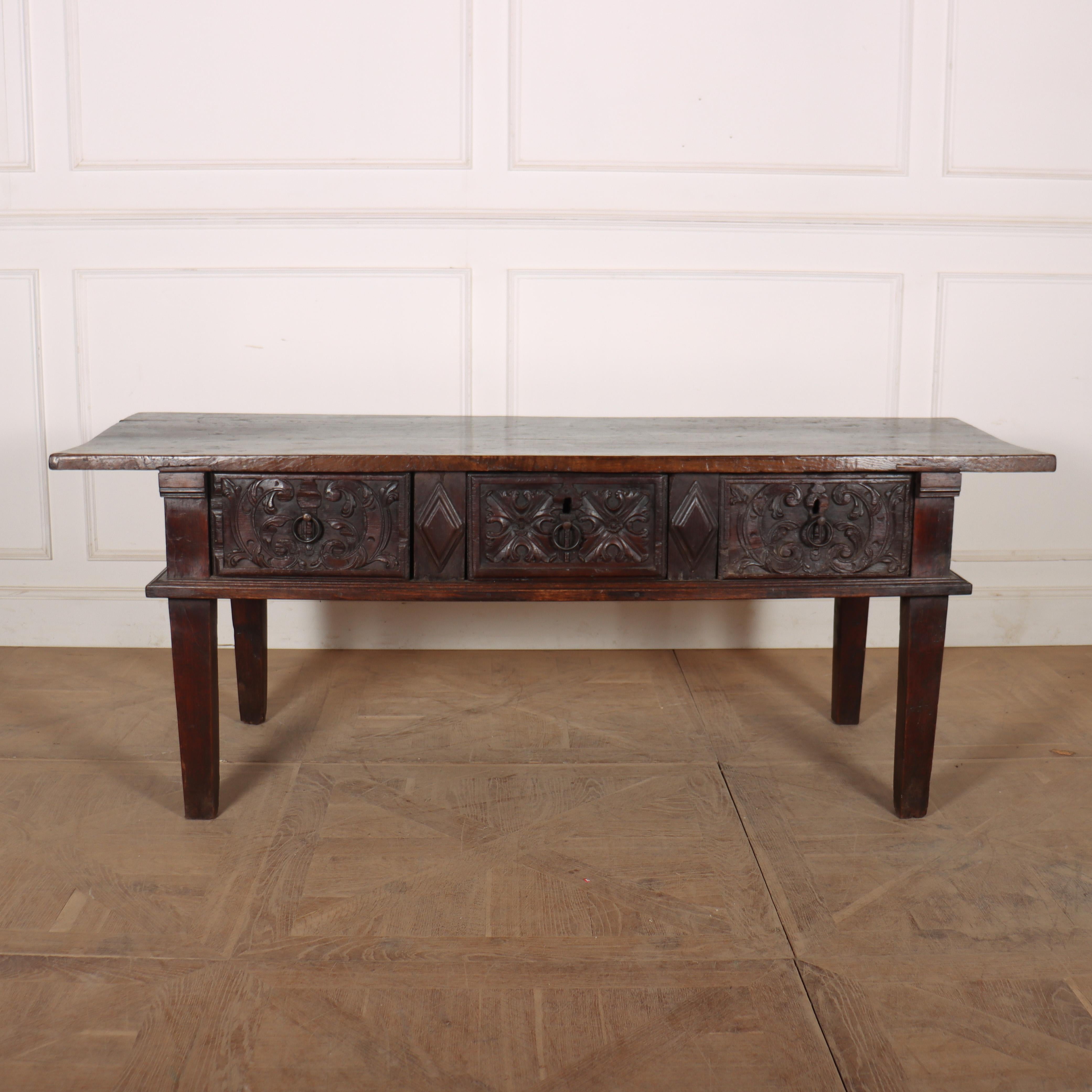 Good 18th century Spanish carved oak three drawer console table. Great colour. 1760.

Code: 8575

Dimensions:
W: 75.5