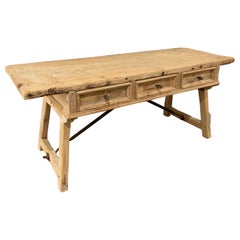 Antique 18th Century Spanish Console Table with Three Drawers and Original Iron Handles