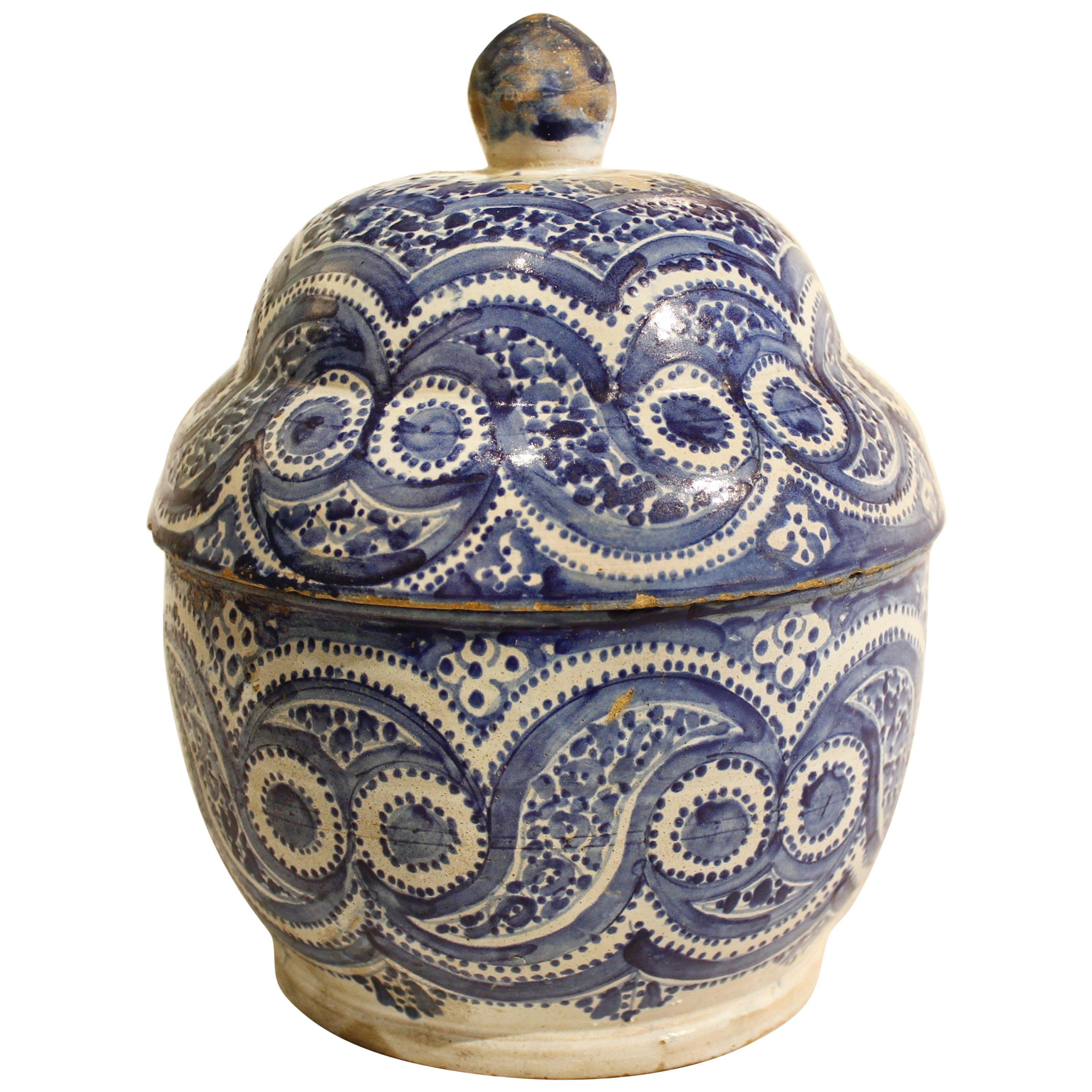 18th Century Spanish Delft Lidded Pot