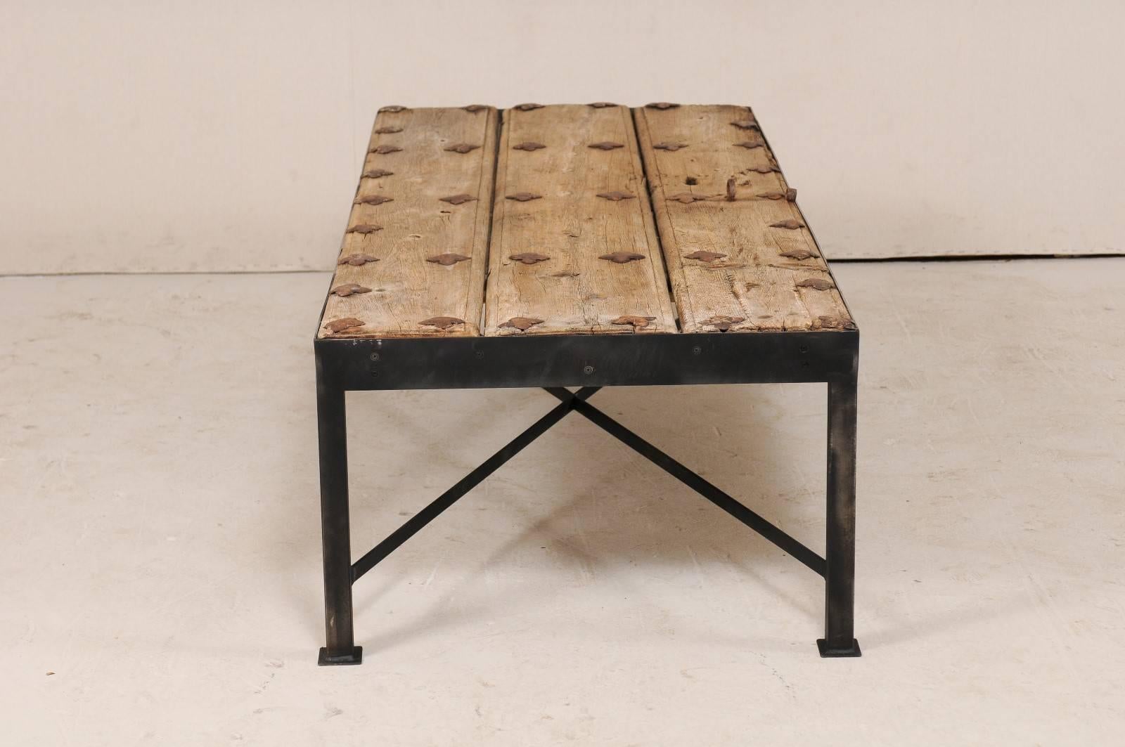 Metal 18th Century Spanish Door Coffee Table with Patinated Iron Quatrefoil Grommets