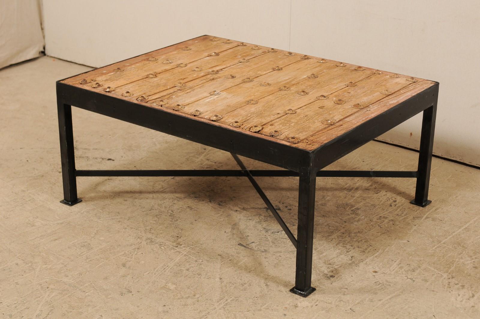 A Fantastic Custom Coffee Table w/ 18th C. Spanish Door Top on Black Metal Base For Sale 3