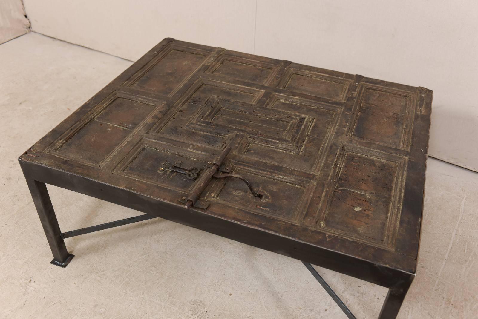 Carved Unique & Custom Designed Coffee Table w/ an 18th Century Spanish Door Top