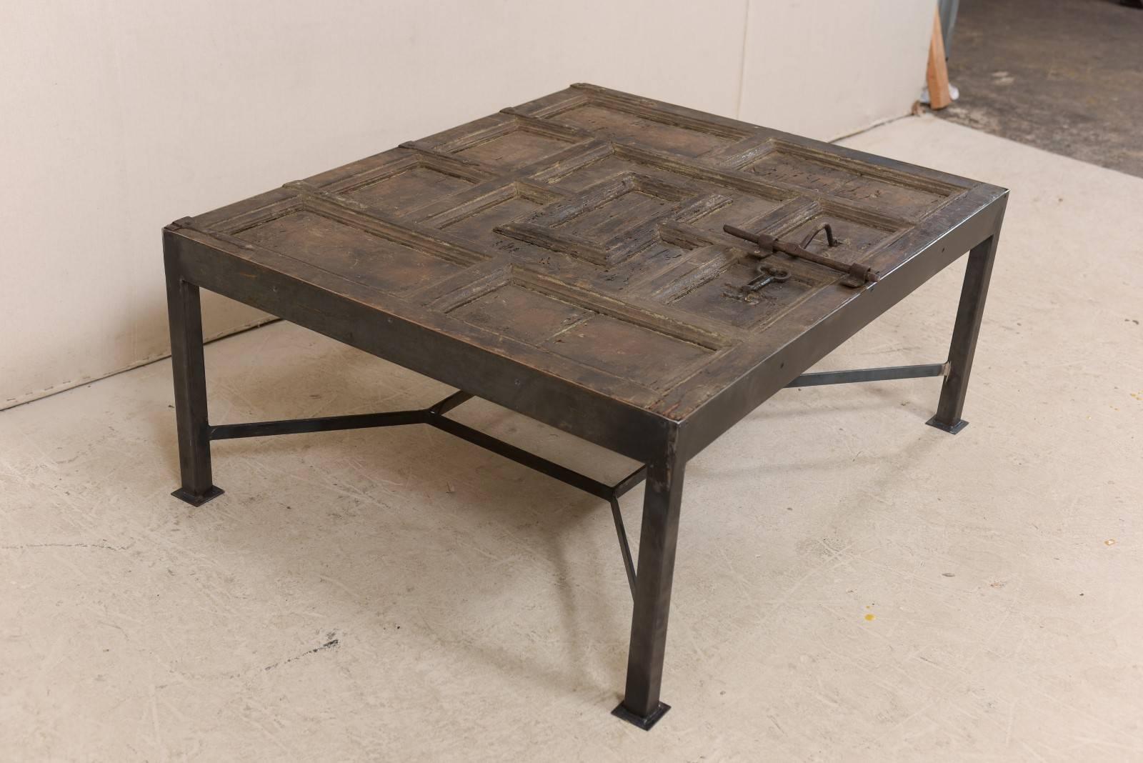 Metal Unique & Custom Designed Coffee Table w/ an 18th Century Spanish Door Top