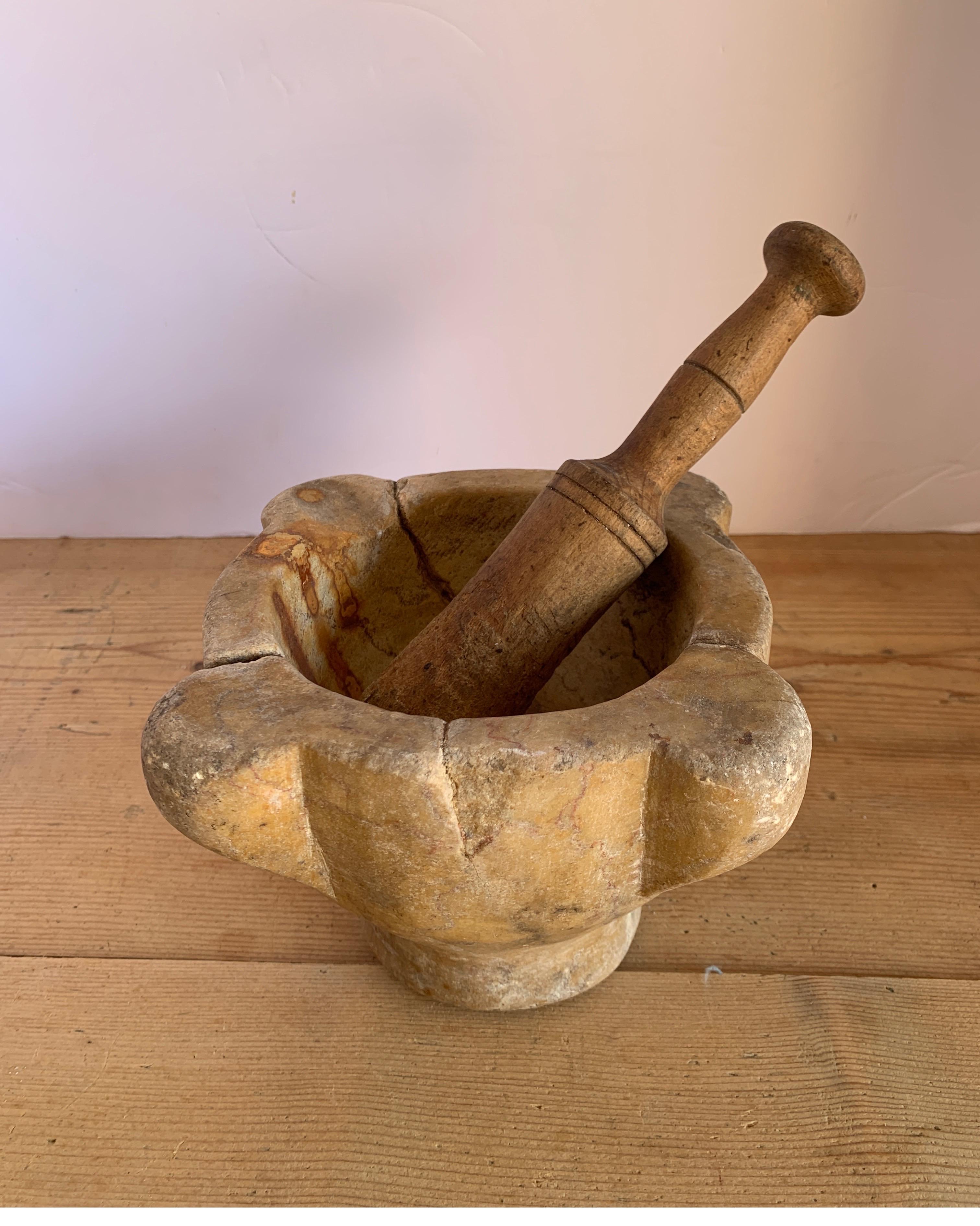 18th Century Spanish Early Marble Mortar and Wooden Pestle 1