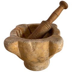 18th Century Spanish Early Marble Mortar and Wooden Pestle