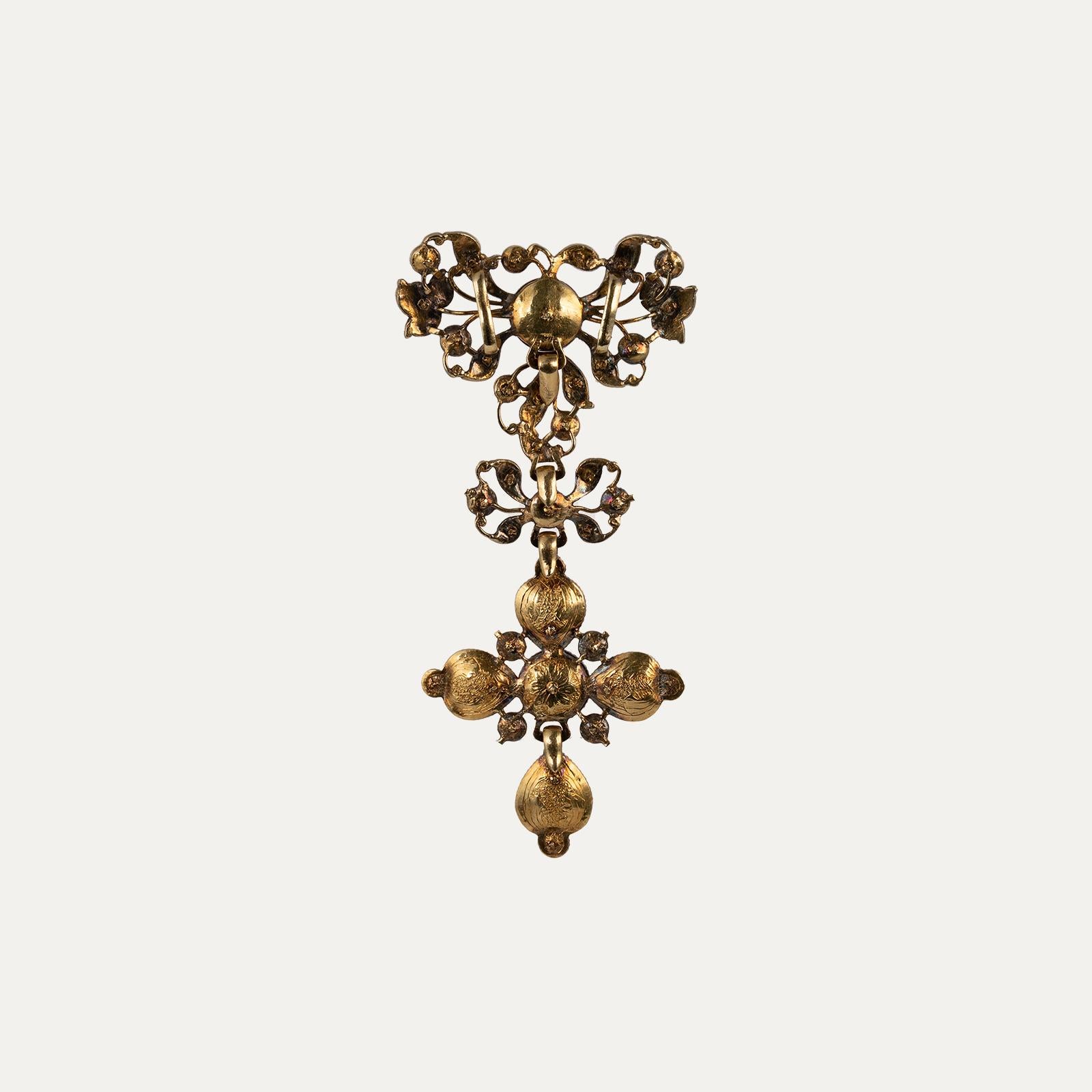 Spanischer Smaragd- und Diamant-Kreuz-Anhänger aus Gold und Silber aus dem 18. im Zustand „Gut“ im Angebot in Lisboa, PT