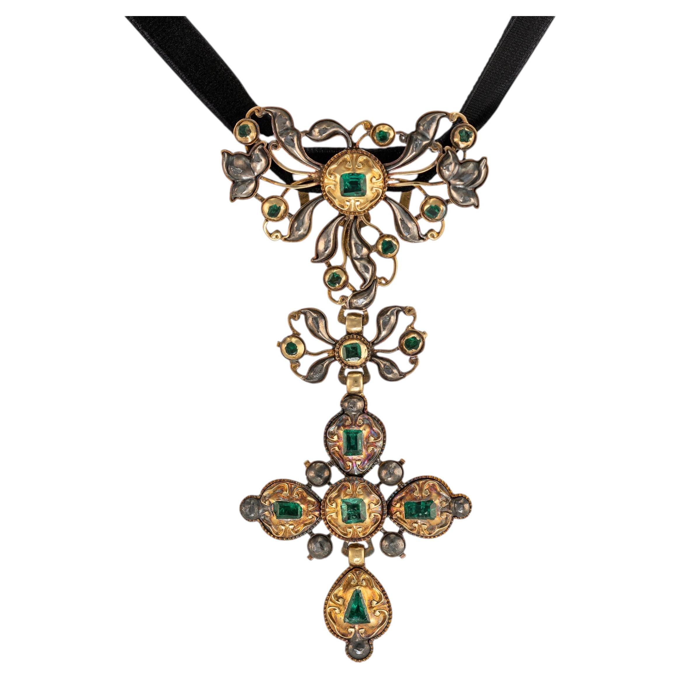 18th Century Spanish Emerald and Diamond Cross Pendant in Gold and Silver