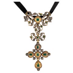18th Century Spanish Emerald and Diamond Cross Pendant in Gold and Silver