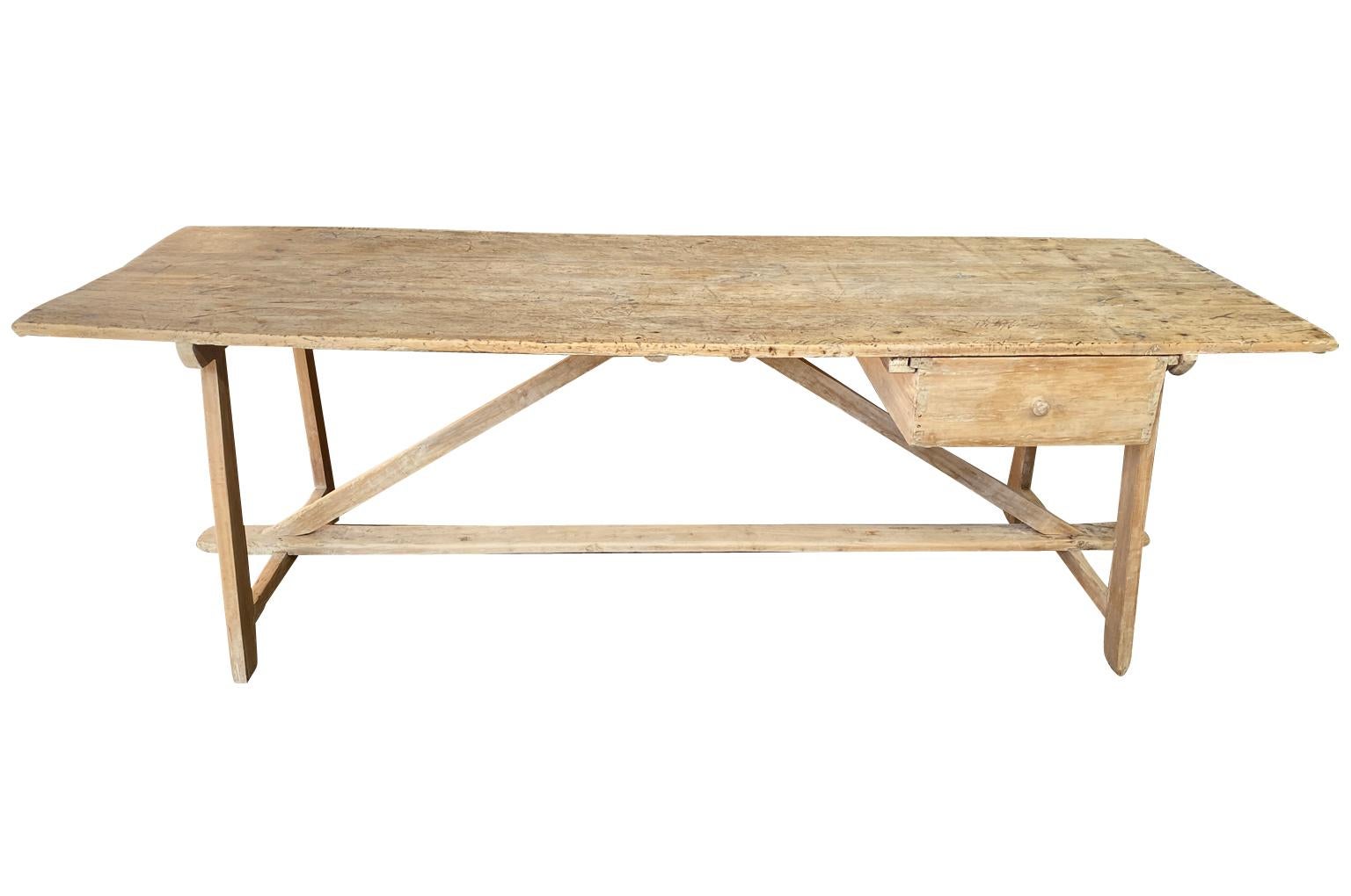 A very handsome 18th century Farm Table - Trestle Table from the Catalan region of Spain.  Soundly constructed from well patina'd poplar with a removable drawer.  Super patina. 