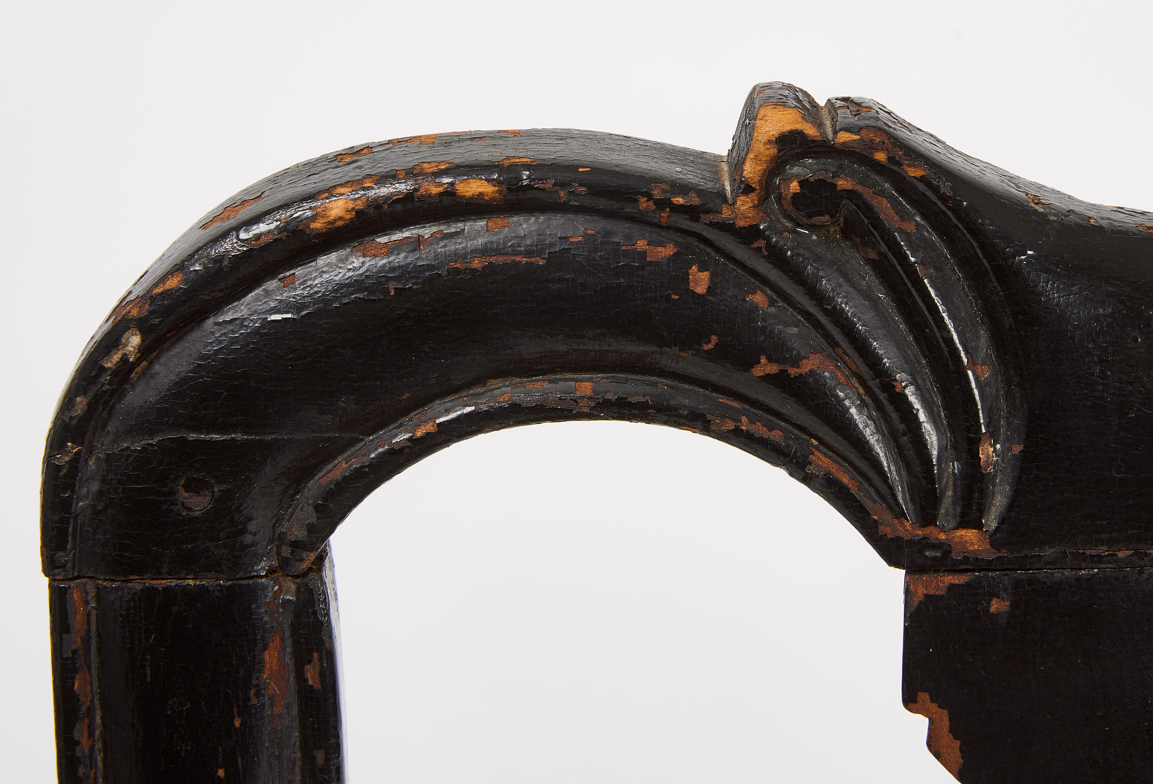Spanish foot side chair with carved crest and rush seat.

New England. circa 1750.

H 41-1/2