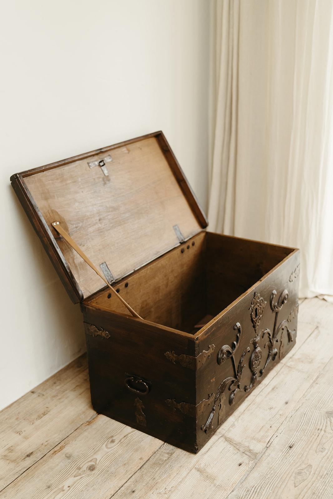Metal 18th century Spanish fruitwood/metal trunk ...  For Sale