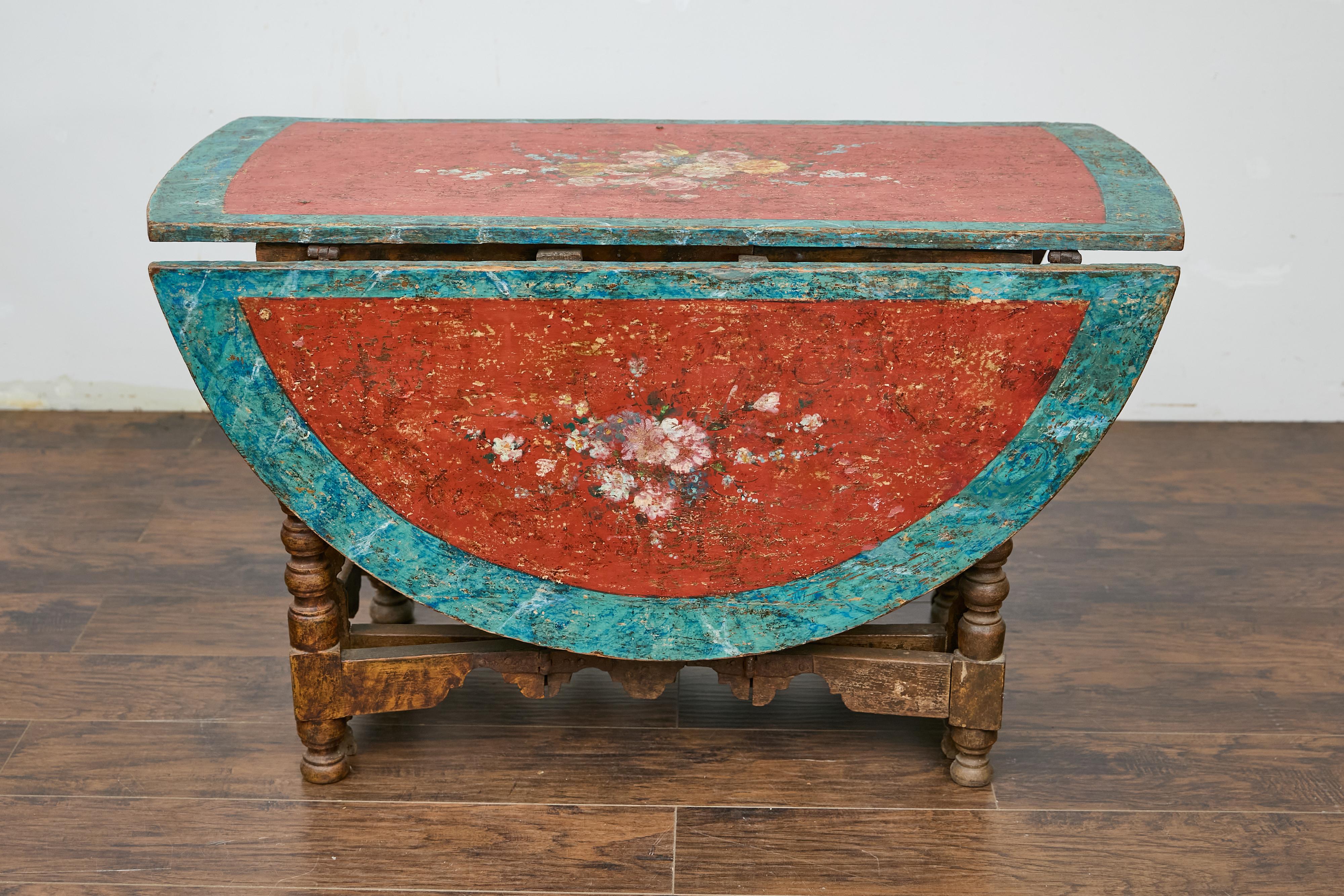 Carved 18th-Century Spanish Gateleg Table with Floral Polychrome Décor and Drop Leaves For Sale