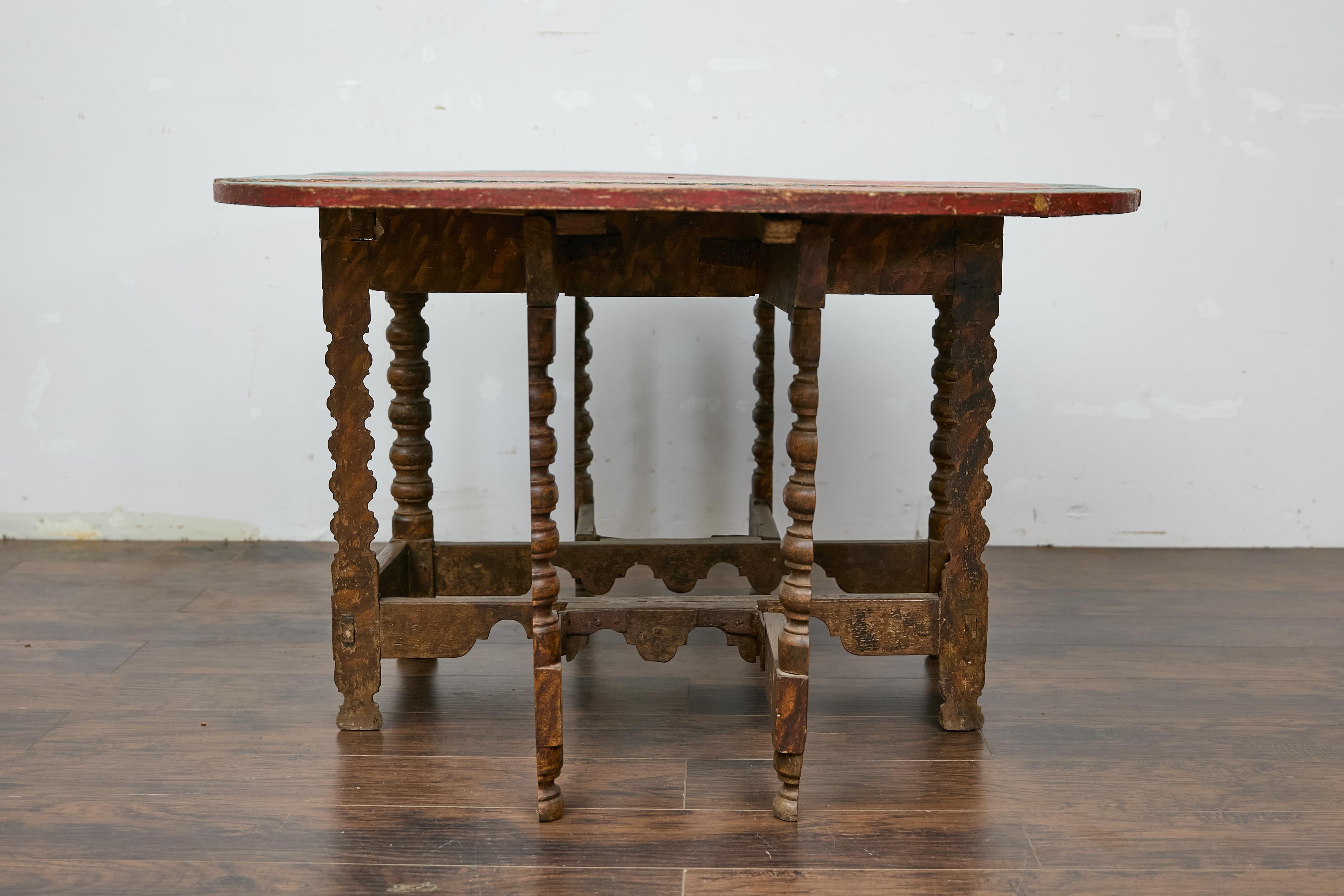 18th Century and Earlier 18th-Century Spanish Gateleg Table with Floral Polychrome Décor and Drop Leaves For Sale