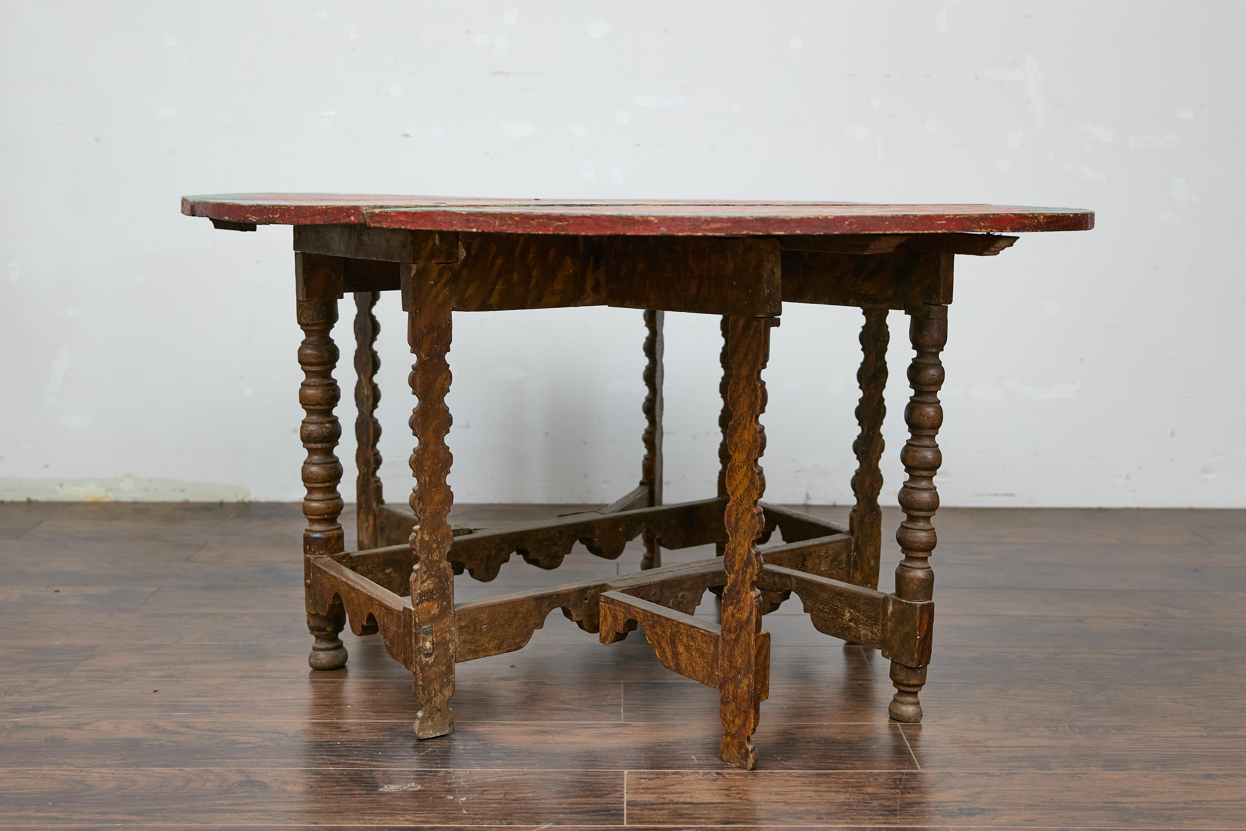 Wood 18th-Century Spanish Gateleg Table with Floral Polychrome Décor and Drop Leaves For Sale
