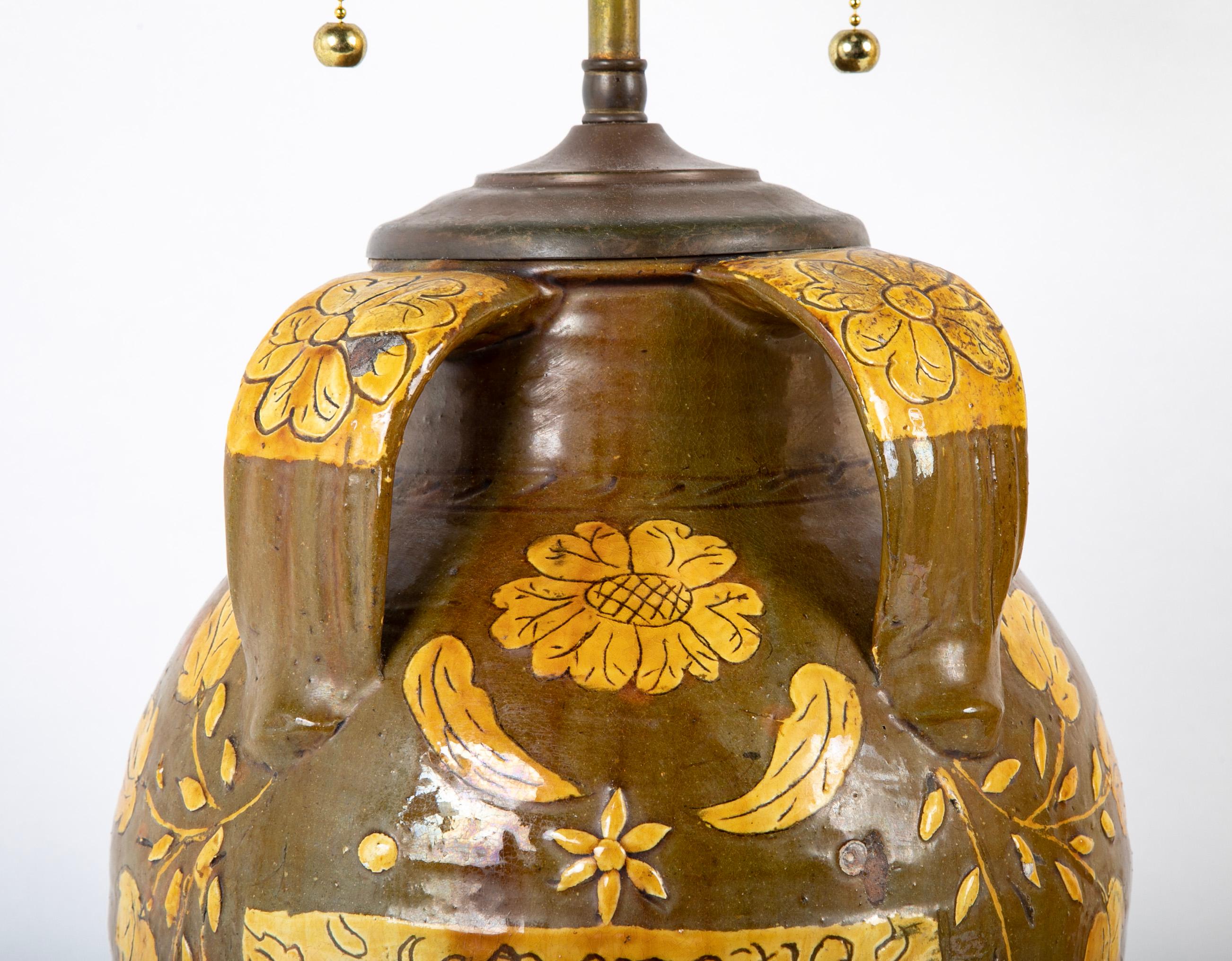 18th Century Spanish Glazed Ceramic Jar Mounted as a Table Lamp In Good Condition For Sale In Stamford, CT