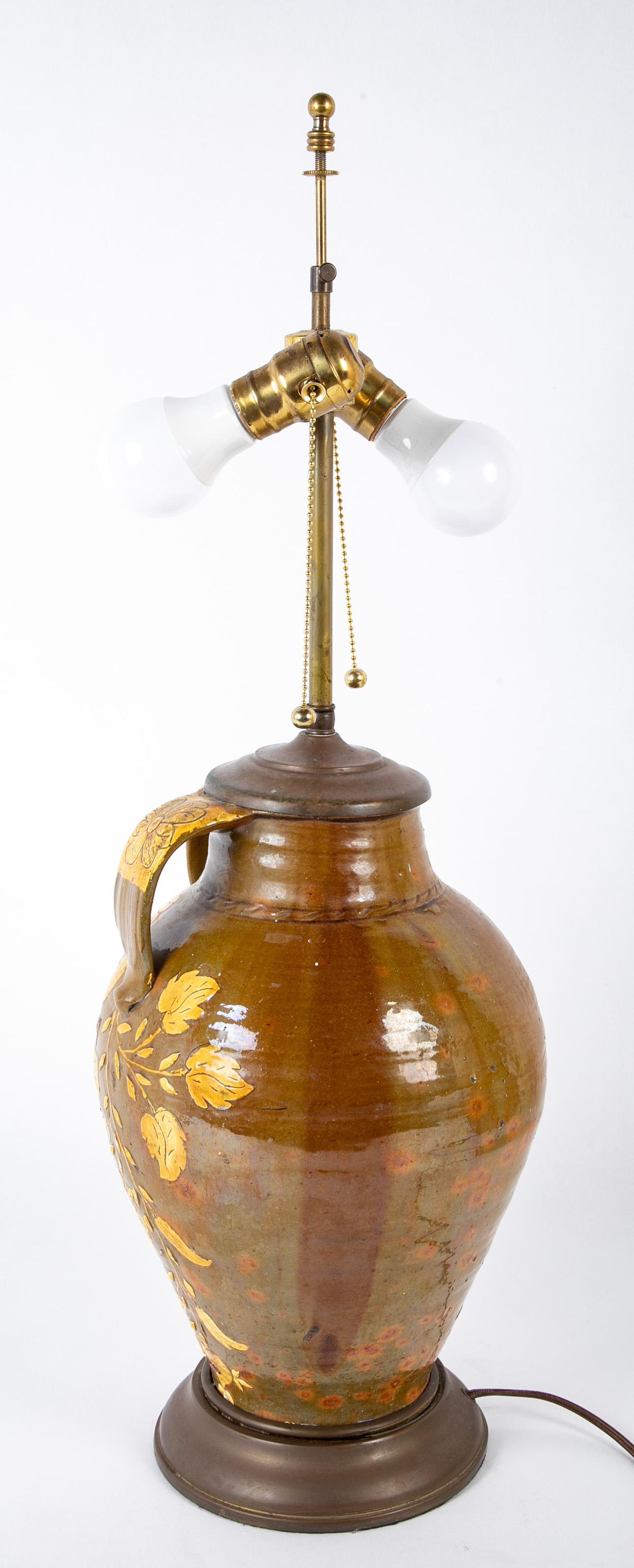 18th Century Spanish Glazed Ceramic Jar Mounted as a Table Lamp For Sale 1