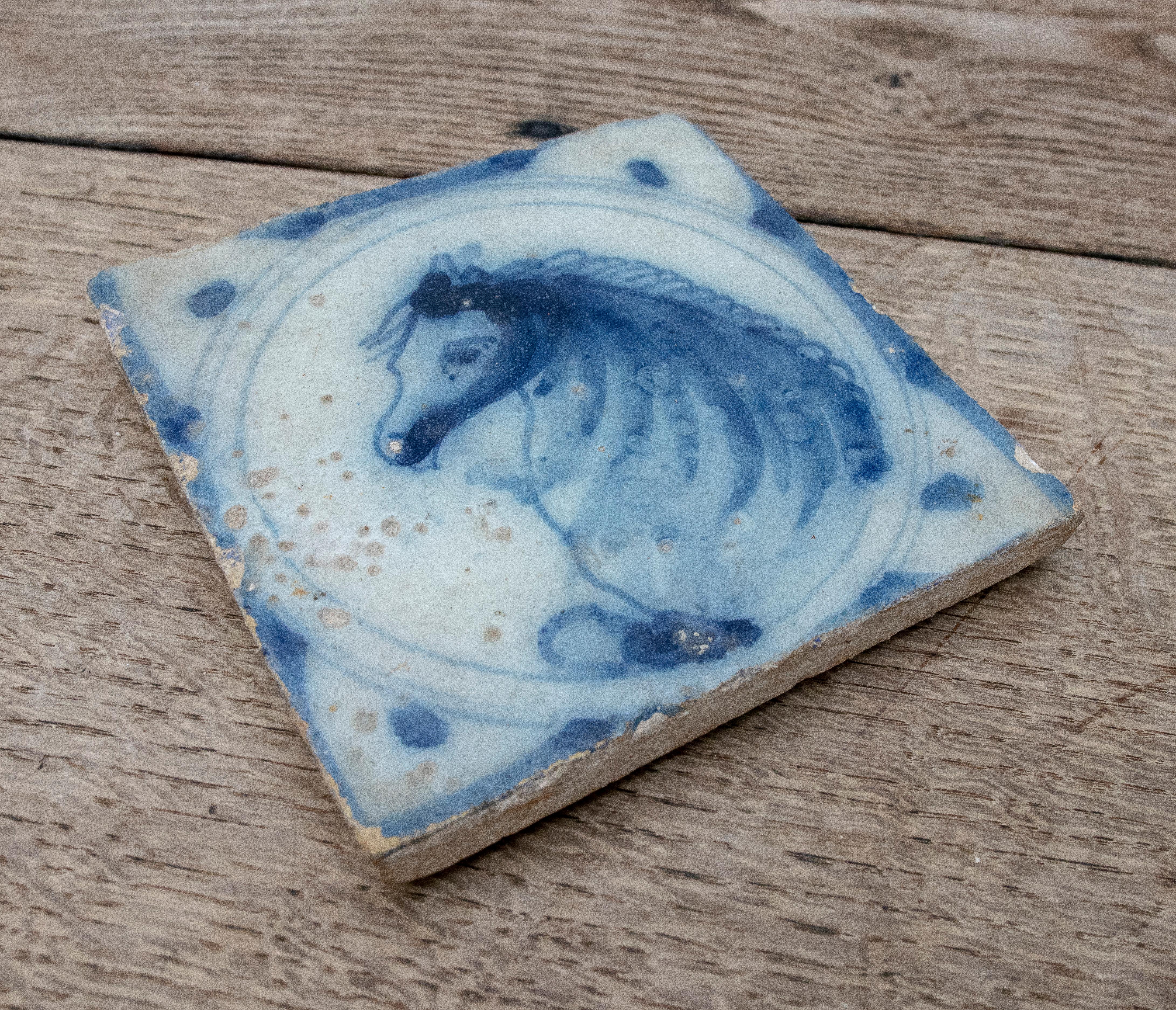 18th Century Spanish Glazed ceramic tile from Triana in Blue and White of a Hand-Painted Horse.