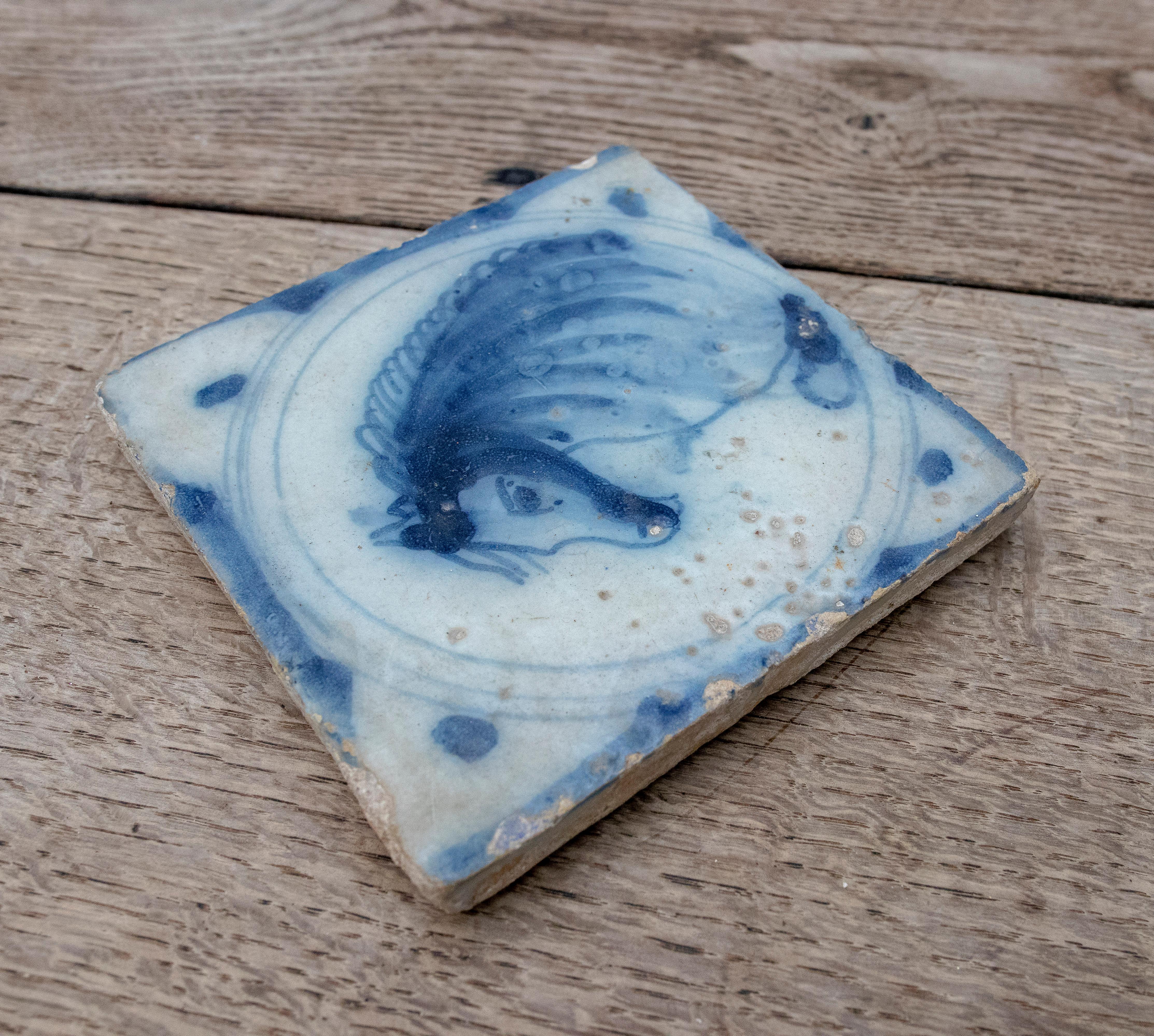 18th Century Spanish Glazed Ceramic Tile from Triana in Blue and White For Sale 1