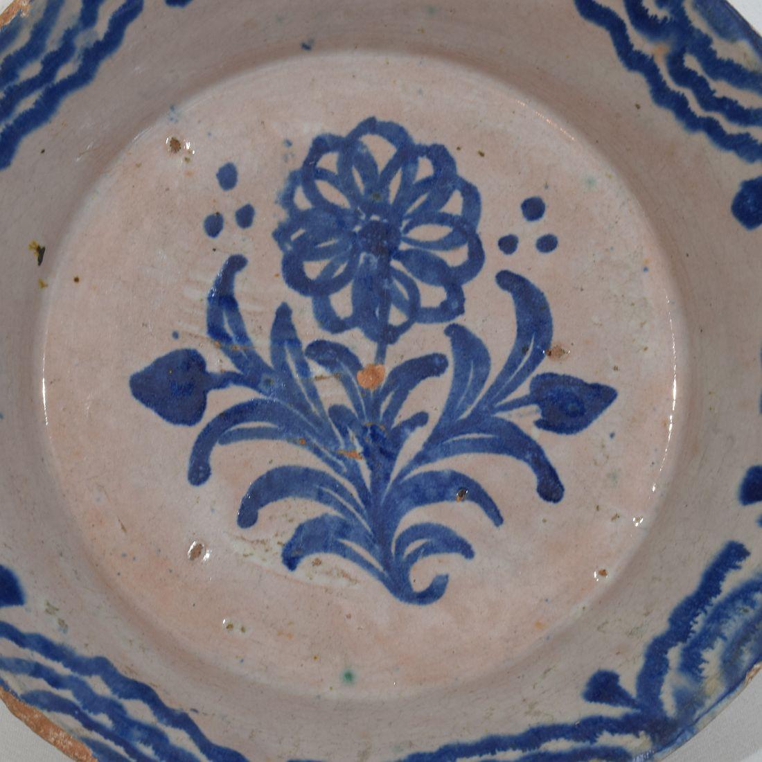 Beautiful weathered piece of pottery from the South of Spain. Amazing blue decoration
Spain circa 1750-1800
Good but weathered condition
H:7,5cm  W:25,5cm D:25,5cm 