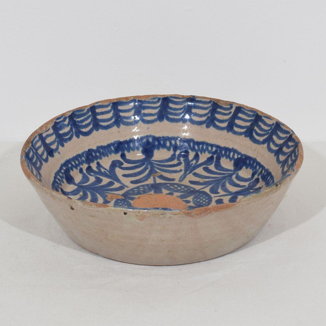 Rustic 18th Century Spanish Glazed Terracotta Bowl For Sale