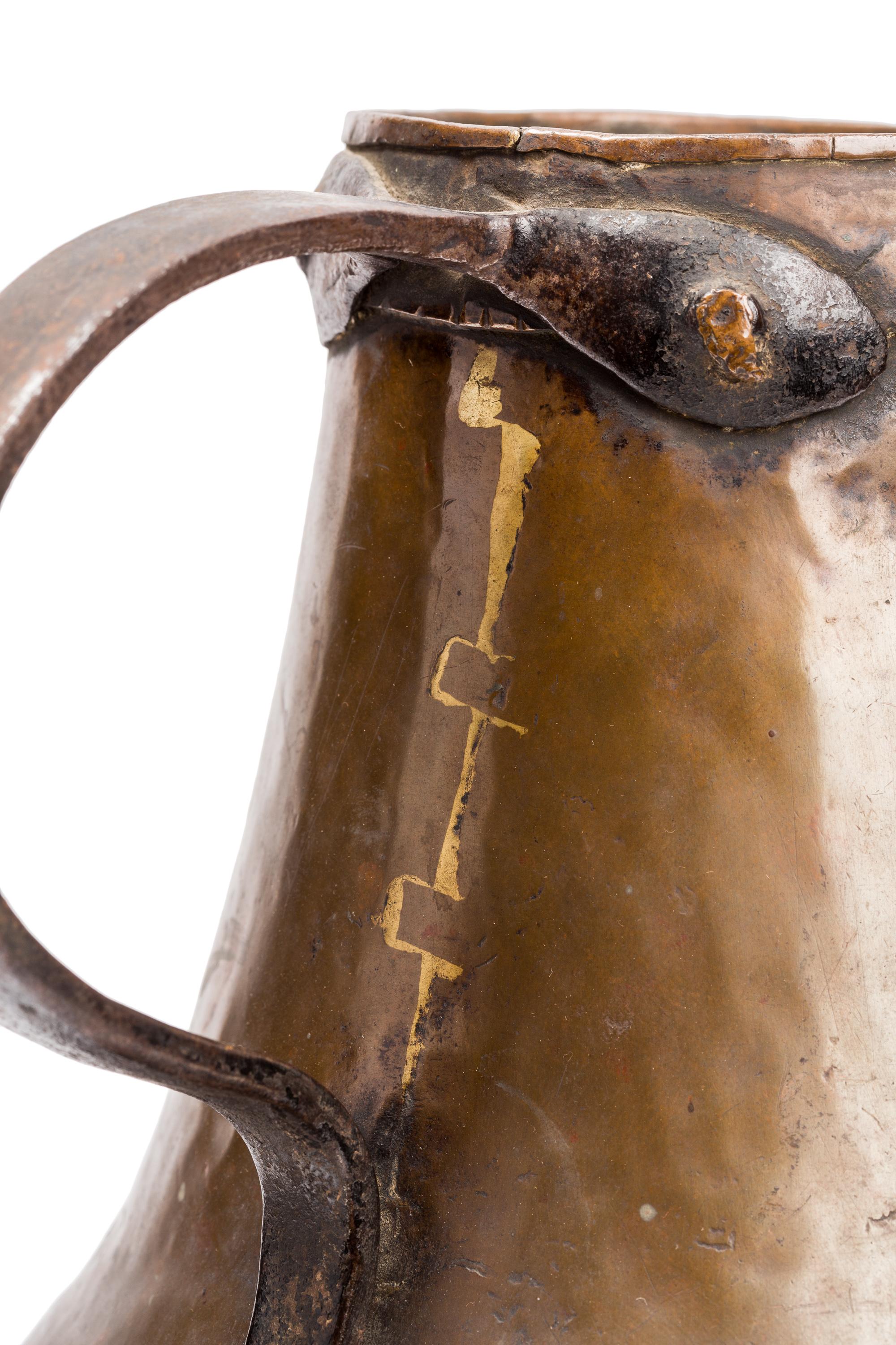Rustic 18th Century Spanish Hammered Copper Pitcher with Iron Handle For Sale
