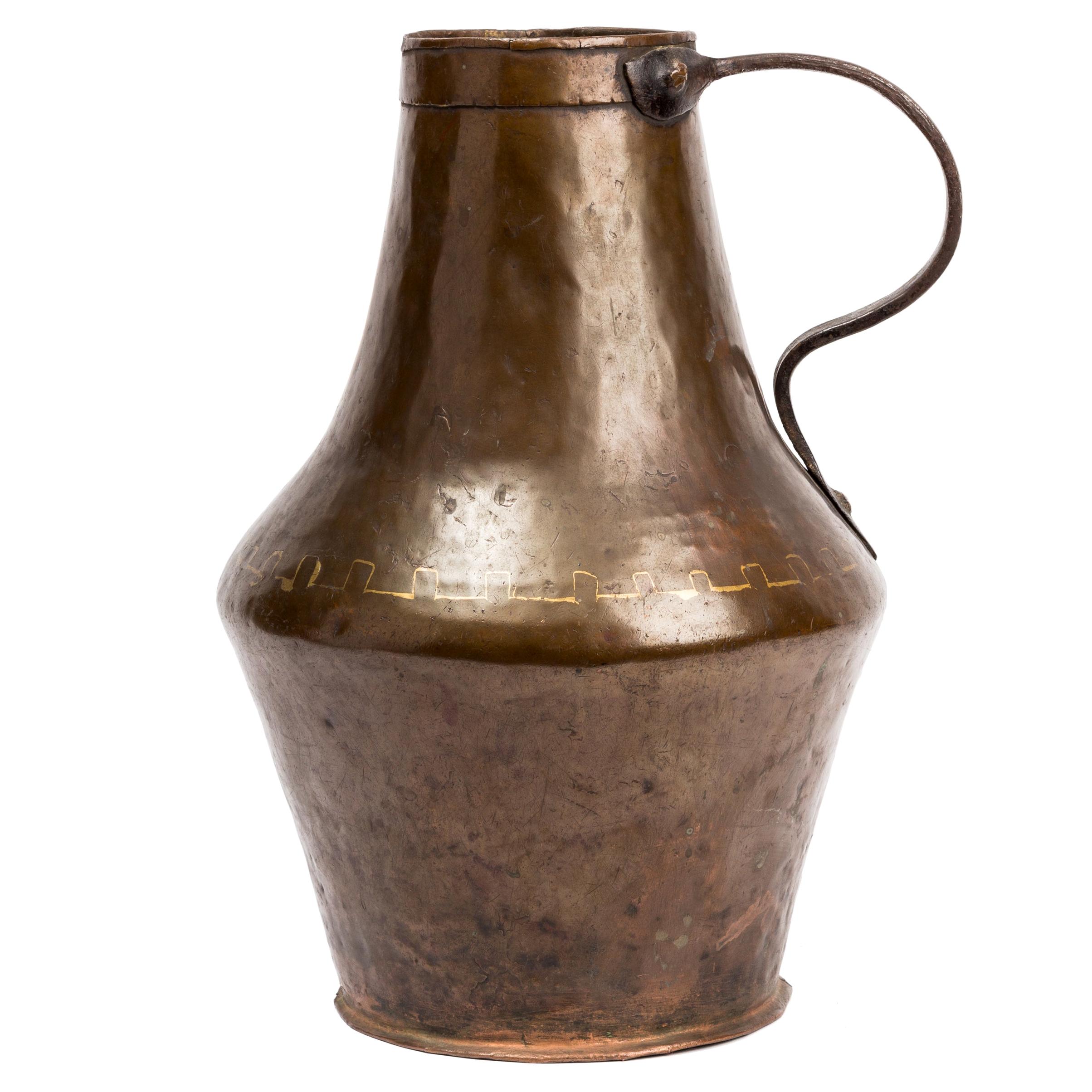 18th Century Spanish Hammered Copper Pitcher with Iron Handle