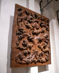 18th Century Spanish Hand Carved Baroque Wooden Bass-Relief Panel w/ Scrolls