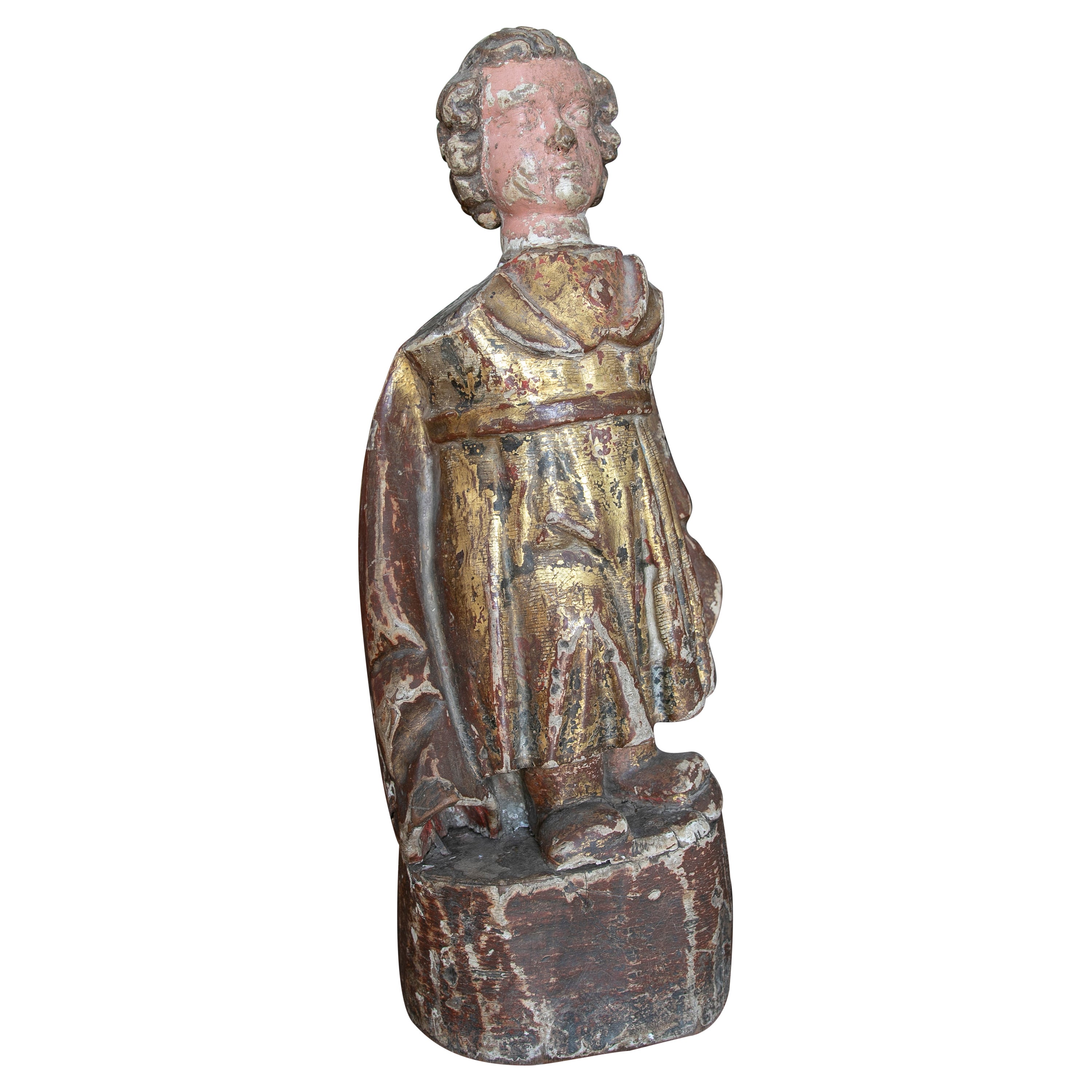 18th Century Spanish Hand Carved Painted Wooden Figure Sculpture of Man w/ Cape