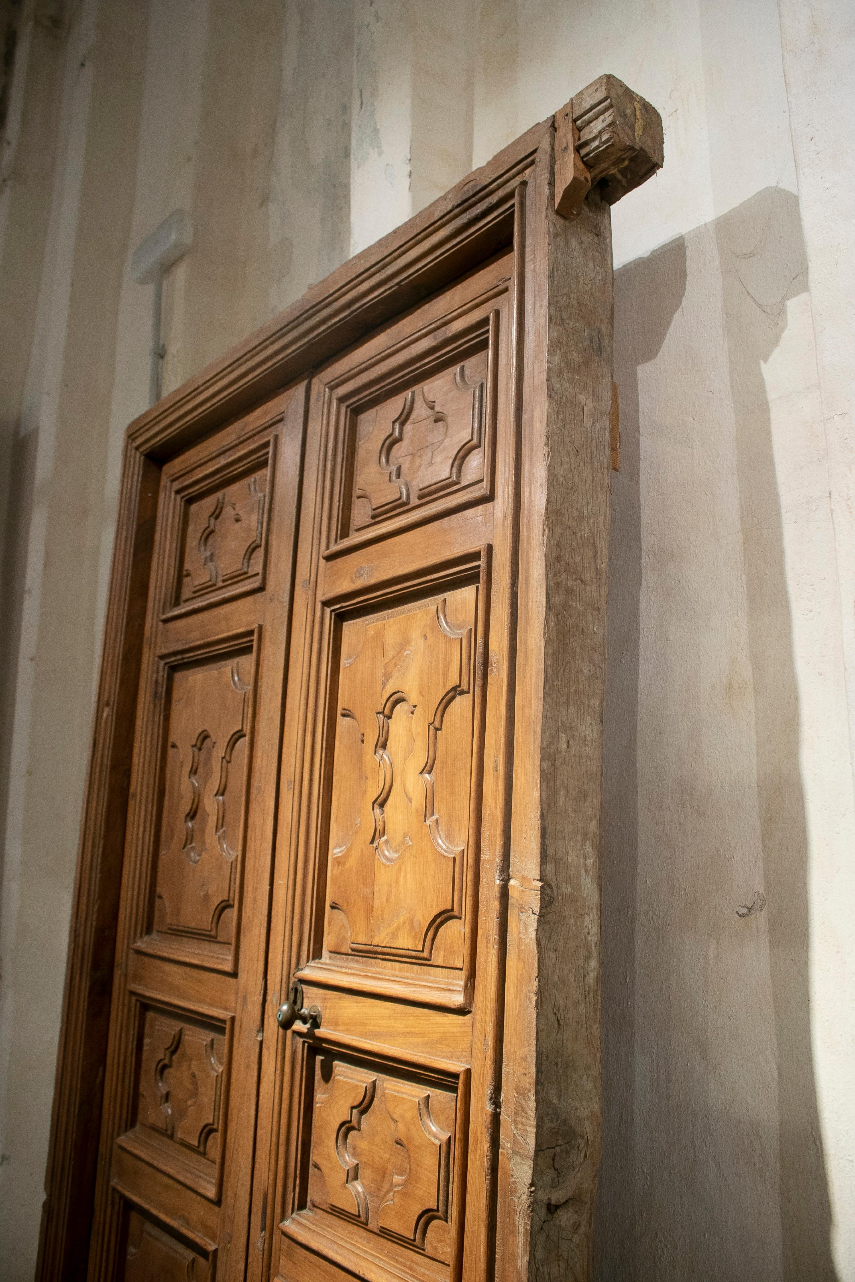 18th Century Spanish Hand Carved Paneled Wooden Door In Good Condition In Marbella, ES