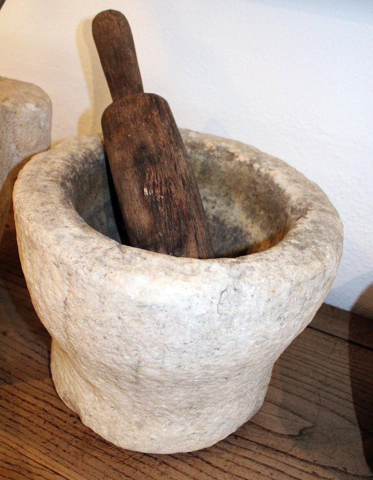 18th Century Spanish Hand Carved Stone Kitchen Mortar and Wooden Pestle