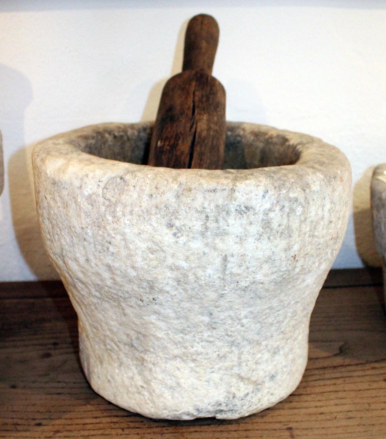 18th Century Spanish Hand Carved Stone Kitchen Mortar and Wooden Pestle