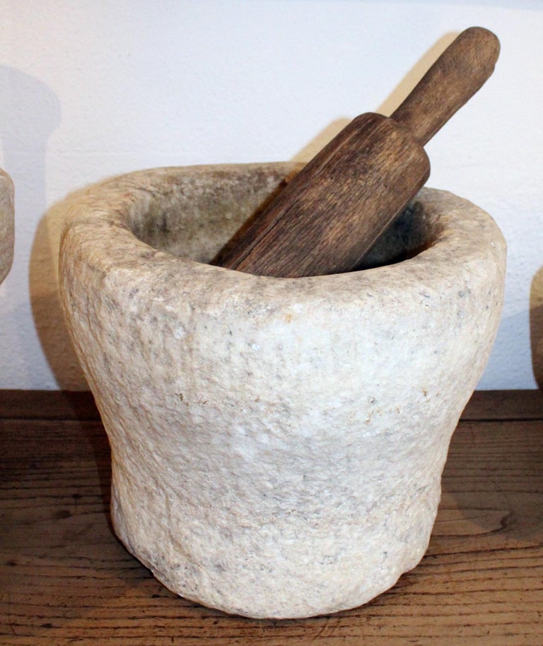 18th Century Spanish Hand Carved Stone Kitchen Mortar and Wooden Pestle